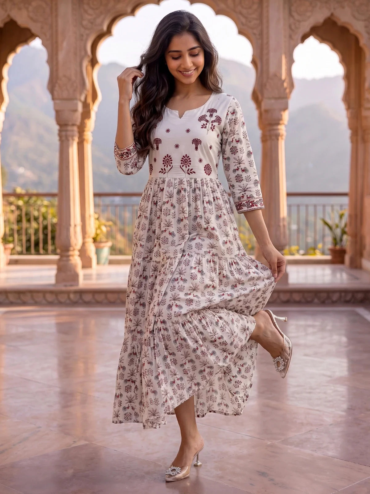 Buy Cotton Embroidered Tiered Calf Length Dress-White