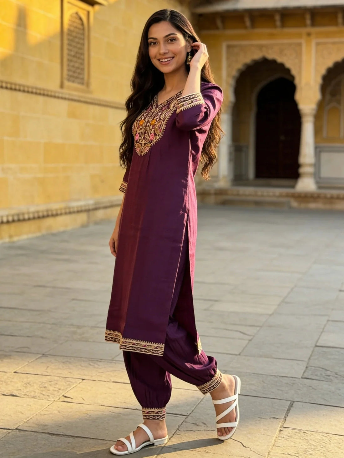 Buy Viscose Embroidered Straight Calf Length Kurta With Pant and Dupatta-Purple