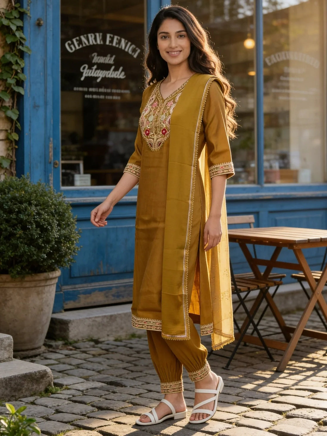 Buy Viscose Embroidered Straight Calf Length Kurta With Pant and Dupatta-Green