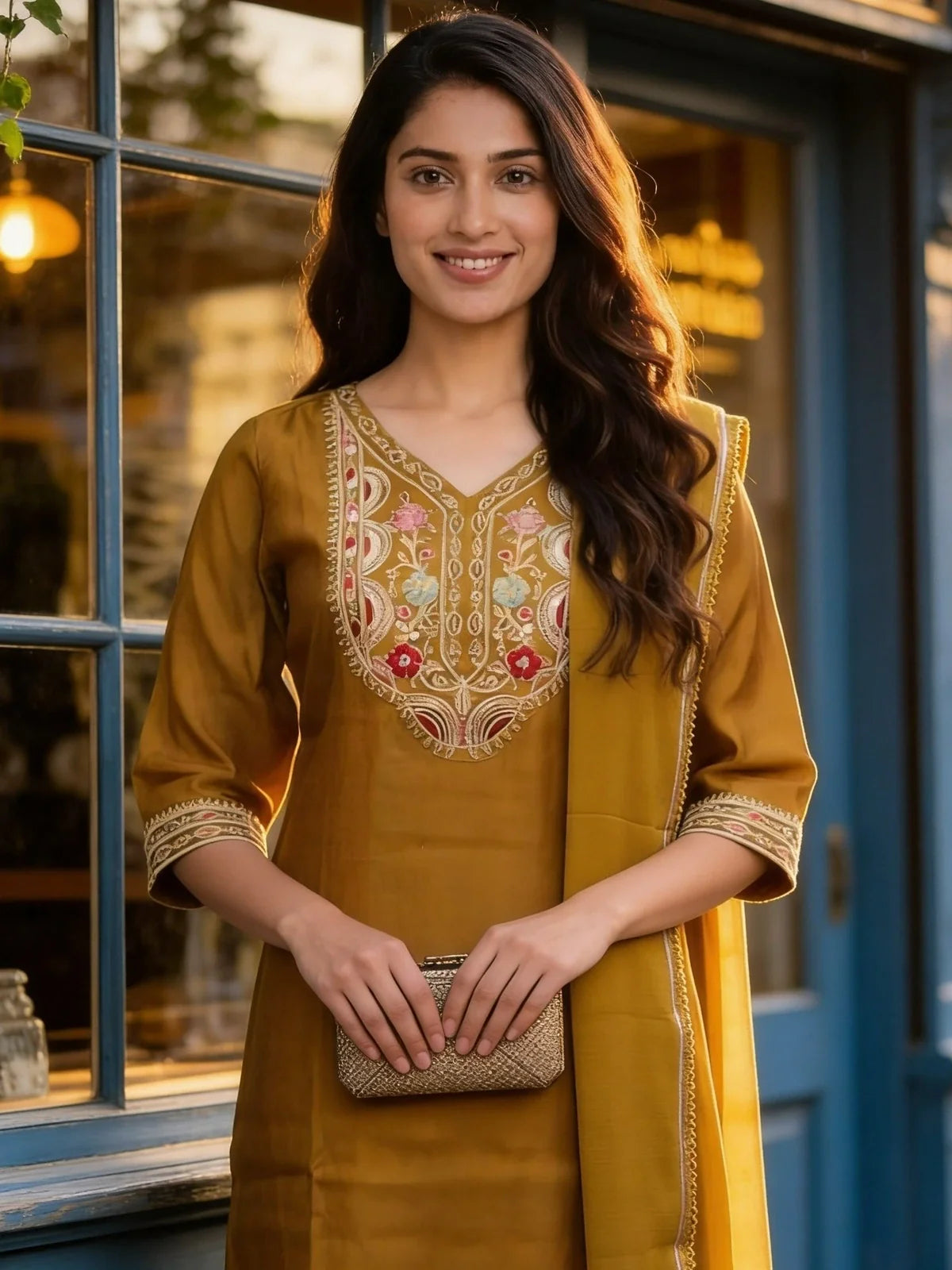 Buy Viscose Embroidered Straight Calf Length Kurta With Pant and Dupatta-Green