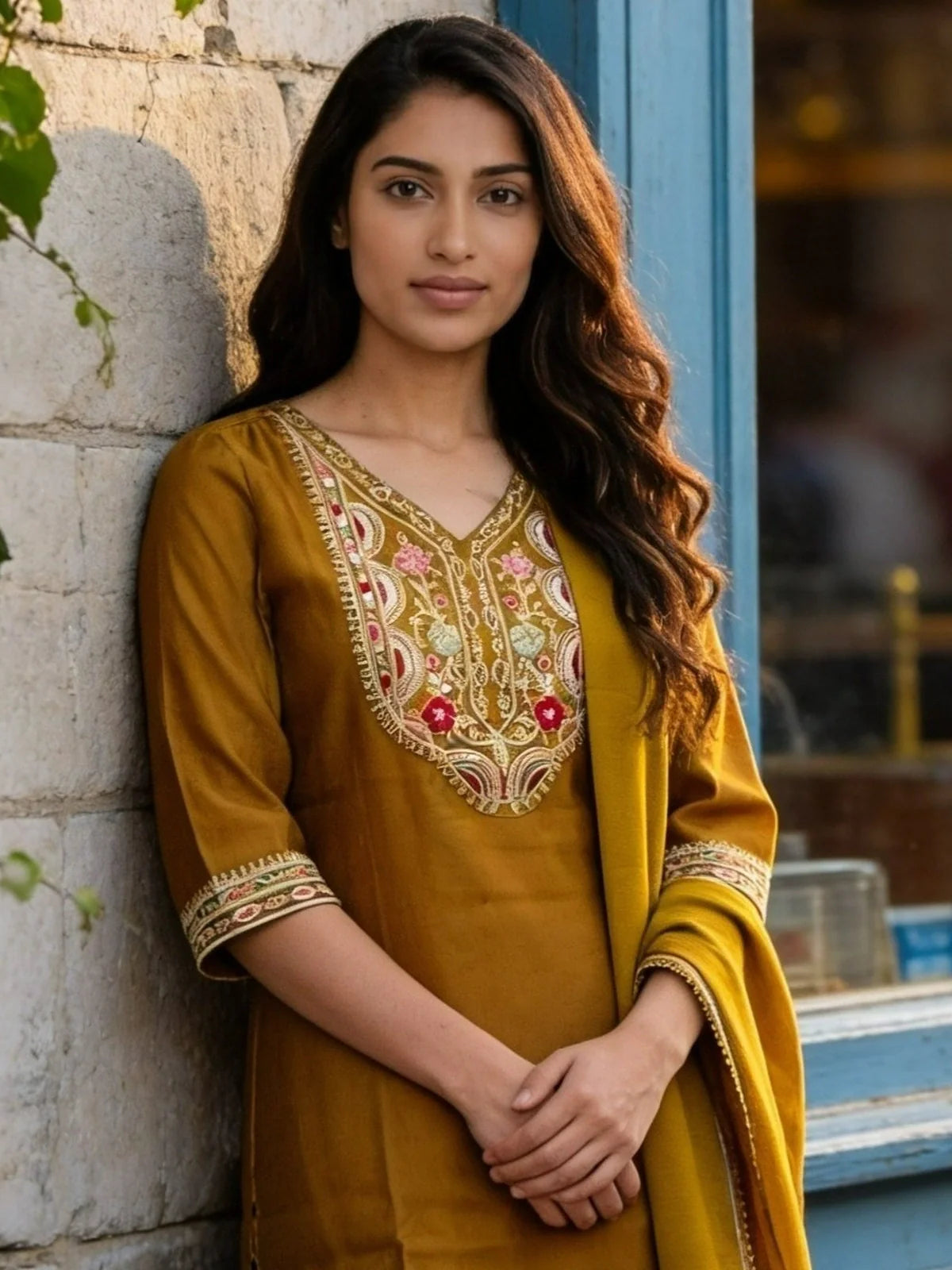 Buy Viscose Embroidered Straight Calf Length Kurta With Pant and Dupatta-Green