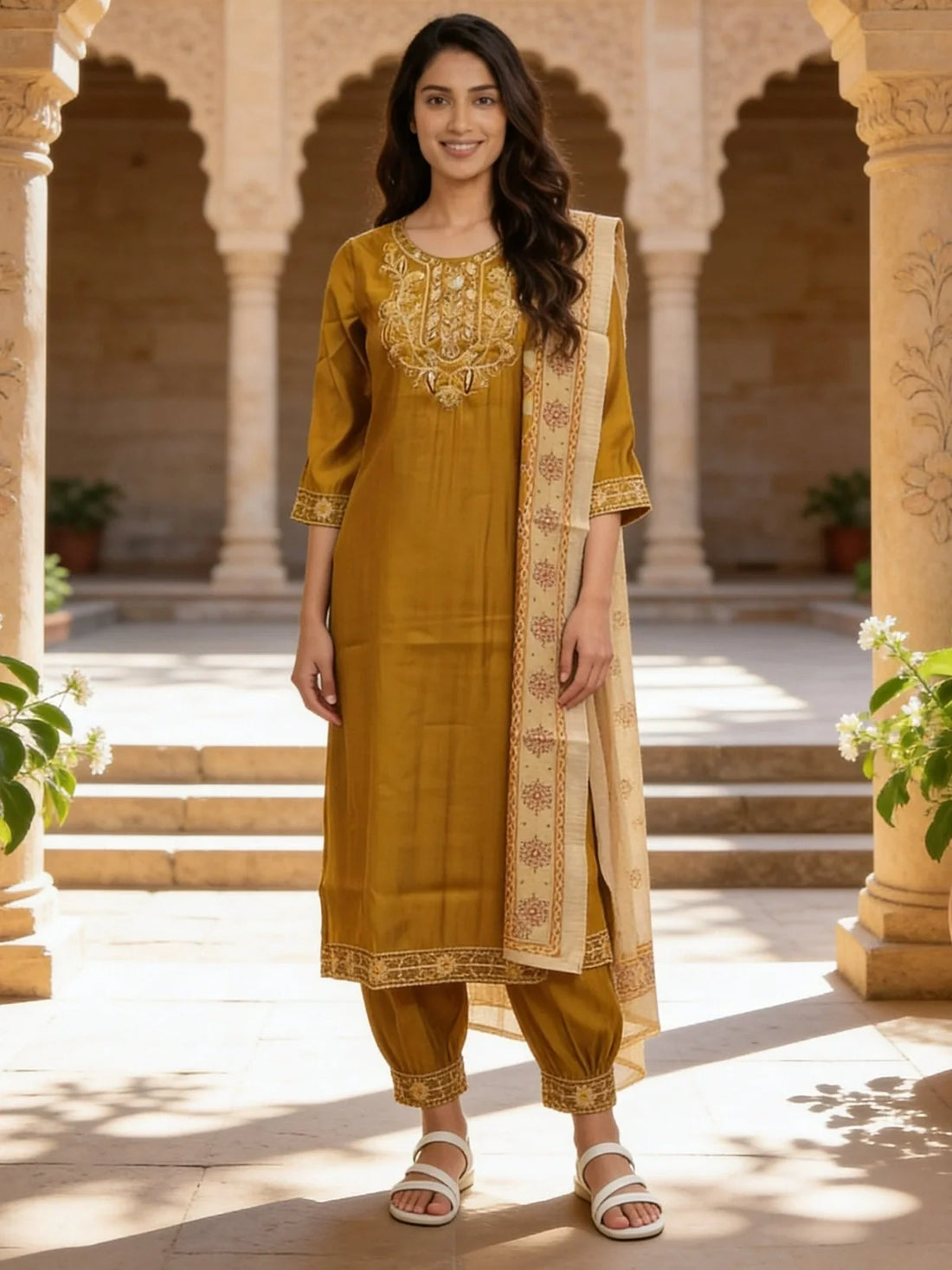 Buy Viscose Embroidered Straight Calf Length Kurta With Pant and Dupatta-Green