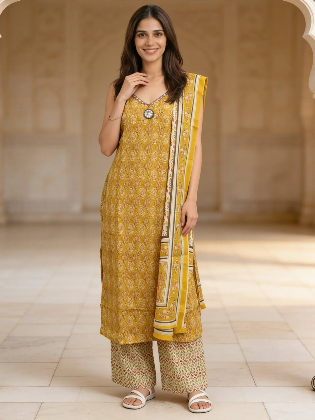 Buy Cotton Embroidered Straight Calf Length Kurta With Pant and Dupatta-Yellow