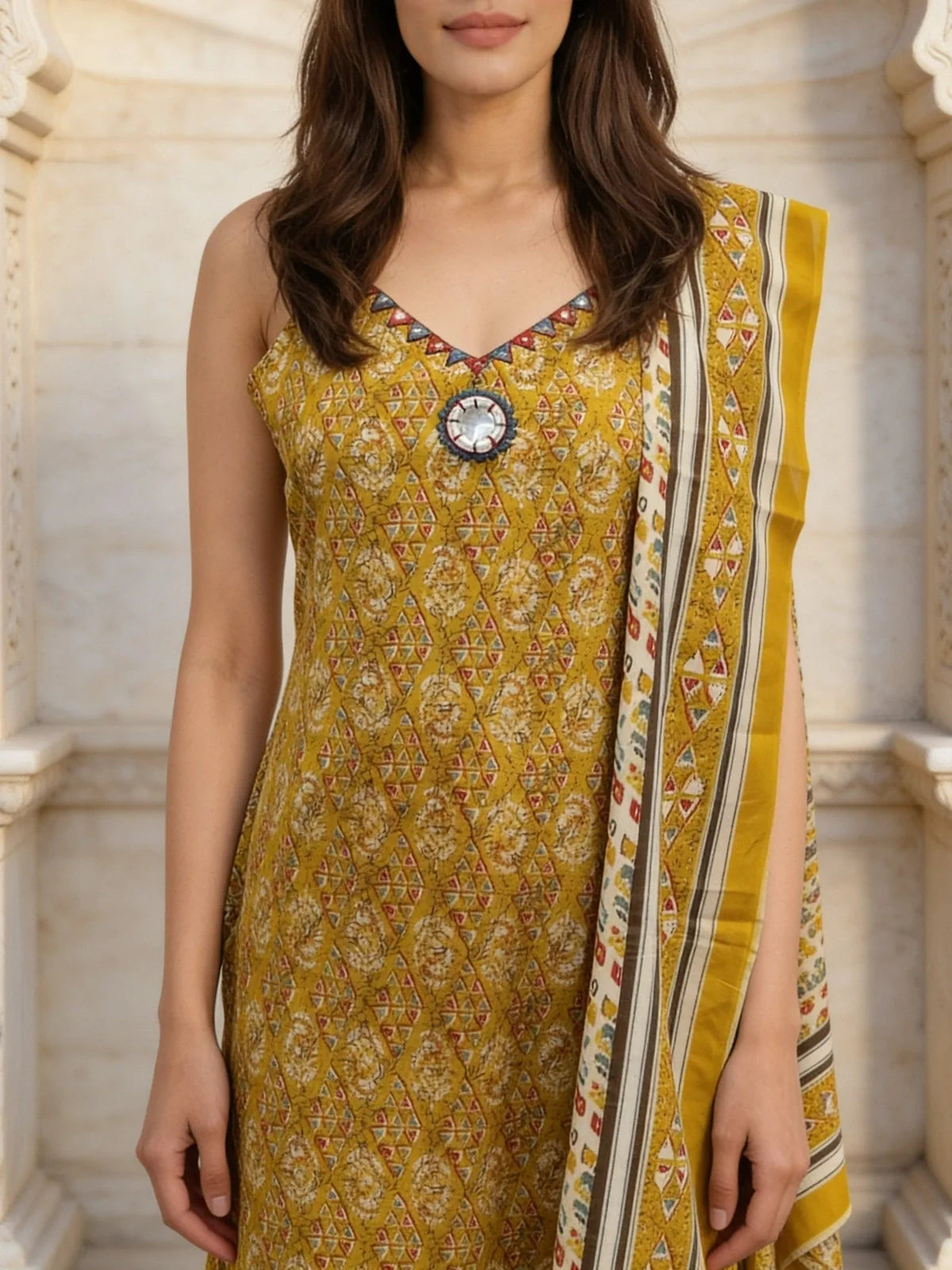 Buy Cotton Embroidered Straight Calf Length Kurta With Pant and Dupatta-Yellow