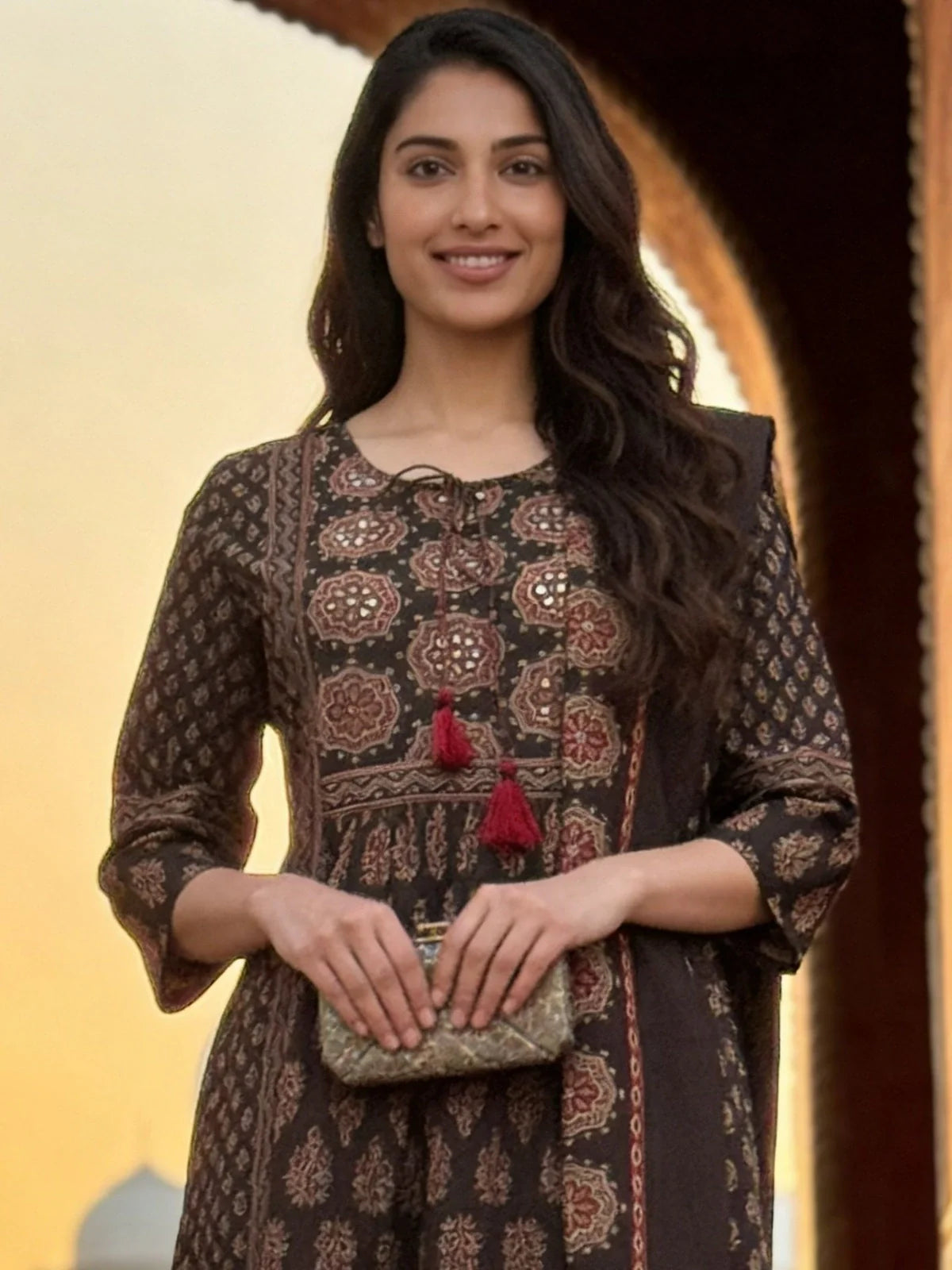 Buy Cotton Embroidered A-Line Calf Length Kurta With Pant and Dupatta-Black