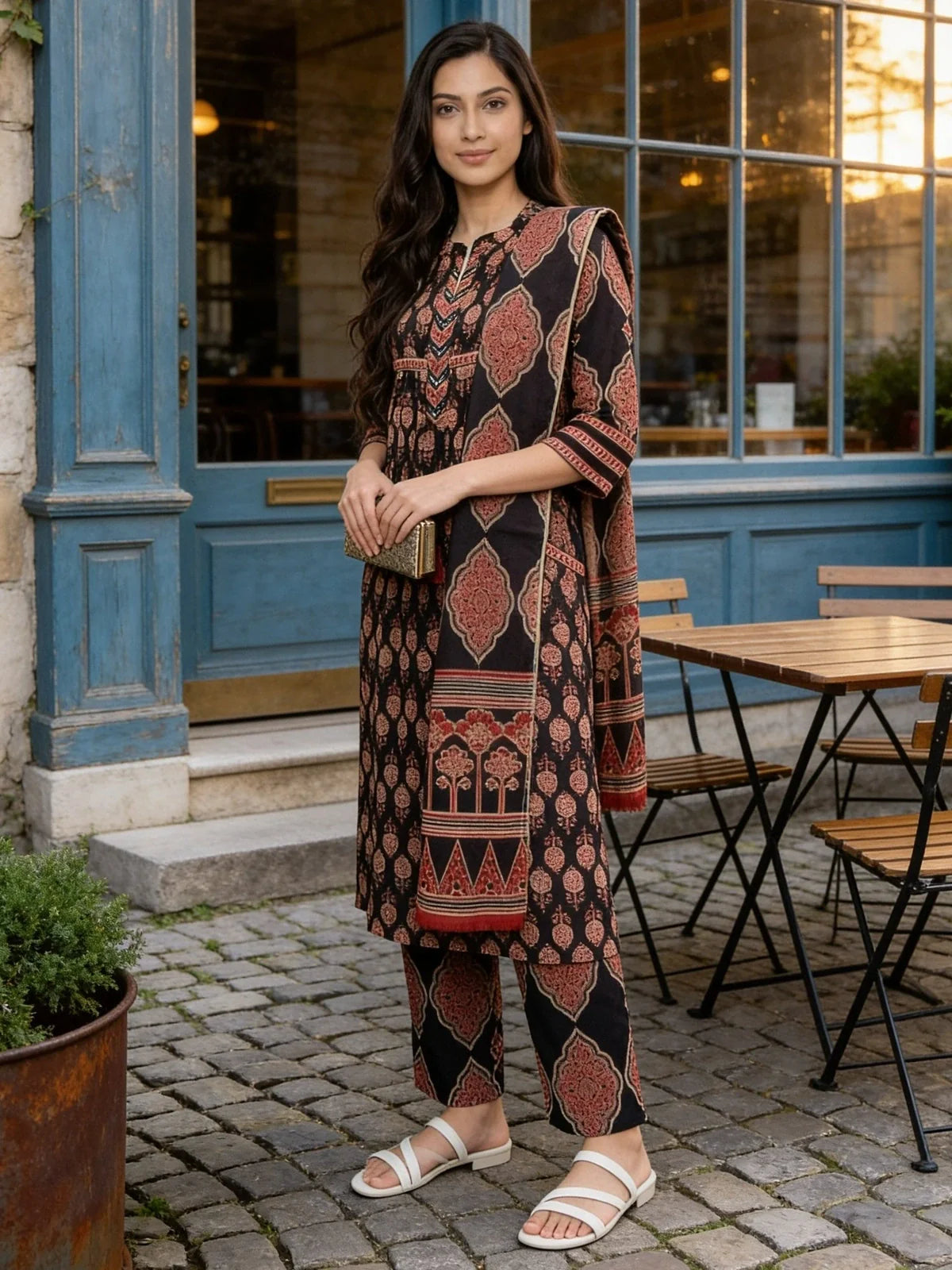 Buy Cotton Printed A-Line Calf Length Kurta With Pant and Dupatta-Black