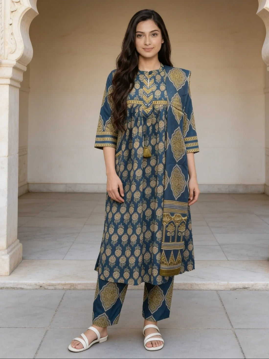 Buy Cotton Printed A-Line Calf Length Kurta With Pant and Dupatta-Blue