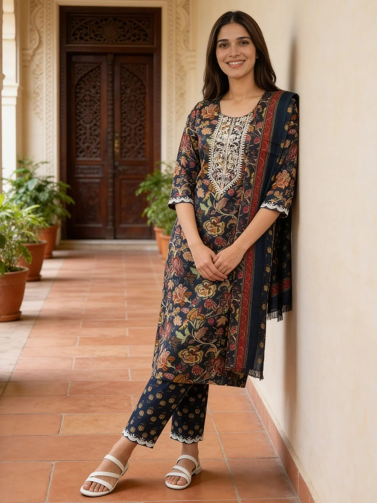 Buy Cotton Embroidered A-Line Calf Length Kurta With Pant and Dupatta-Blue