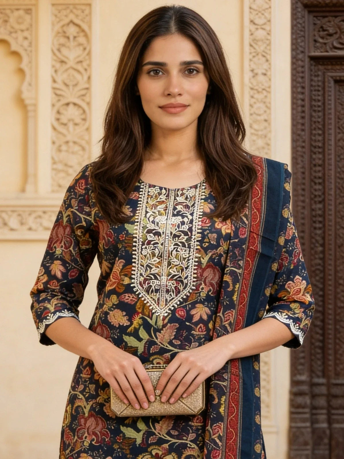 Buy Cotton Embroidered A-Line Calf Length Kurta With Pant and Dupatta-Blue