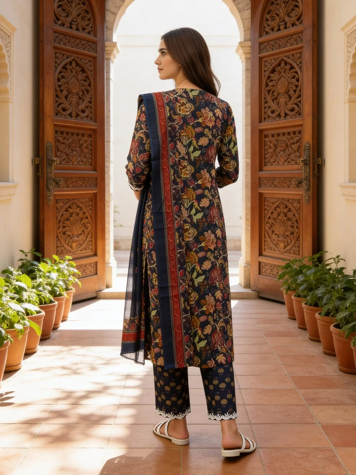 Buy Cotton Embroidered A-Line Calf Length Kurta With Pant and Dupatta-Blue