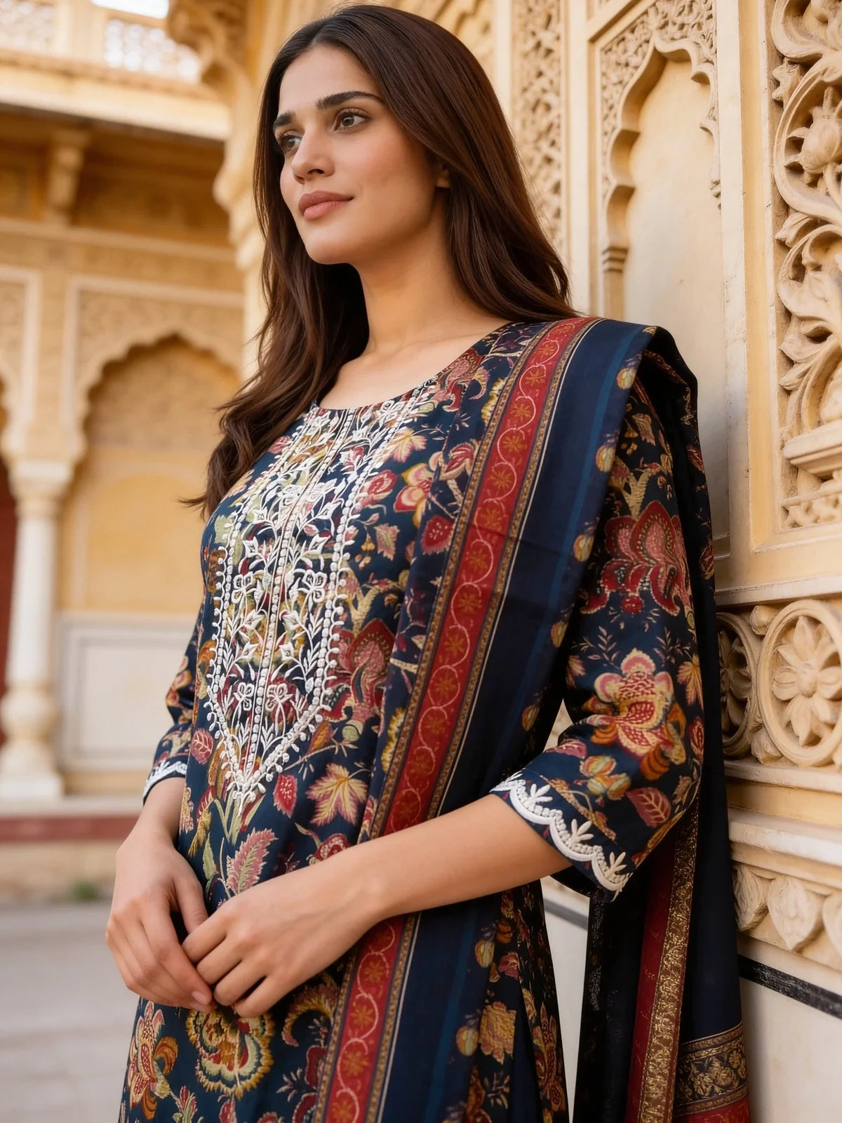 Buy Cotton Embroidered A-Line Calf Length Kurta With Pant and Dupatta-Blue