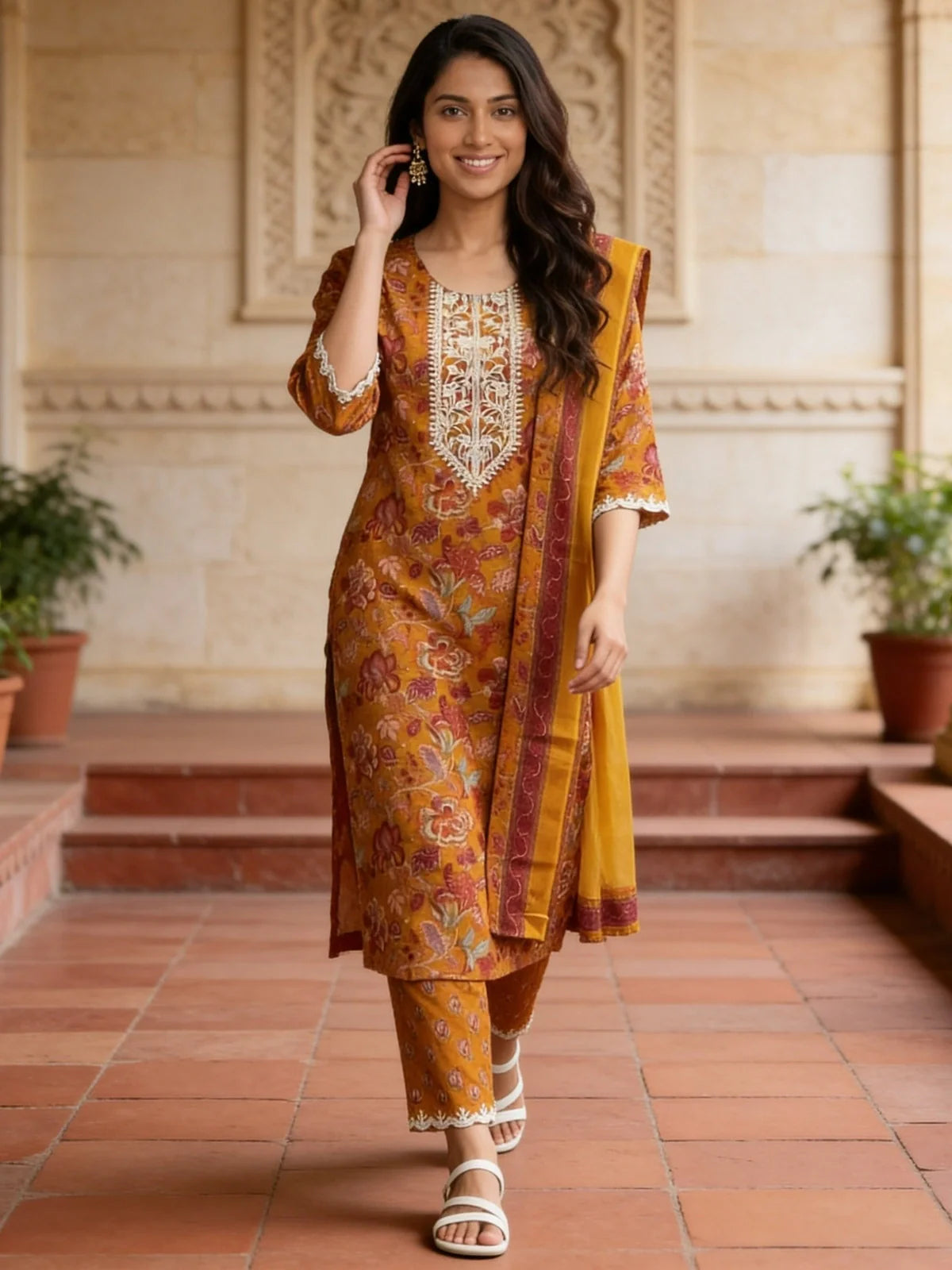 Buy Cotton Embroidered A-Line Calf Length Kurta With Pant and Dupatta-Mustard