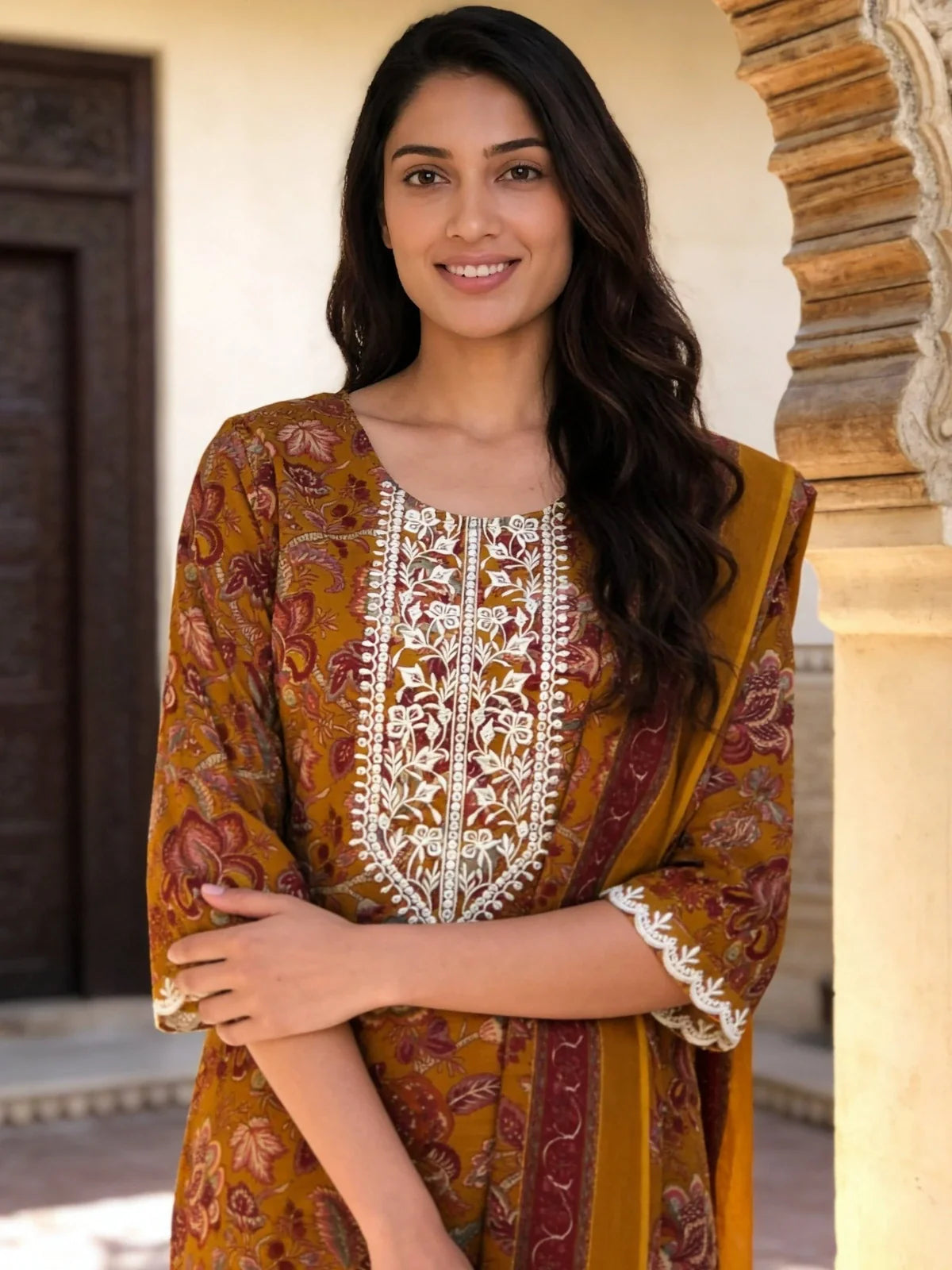 Buy Cotton Embroidered A-Line Calf Length Kurta With Pant and Dupatta-Mustard