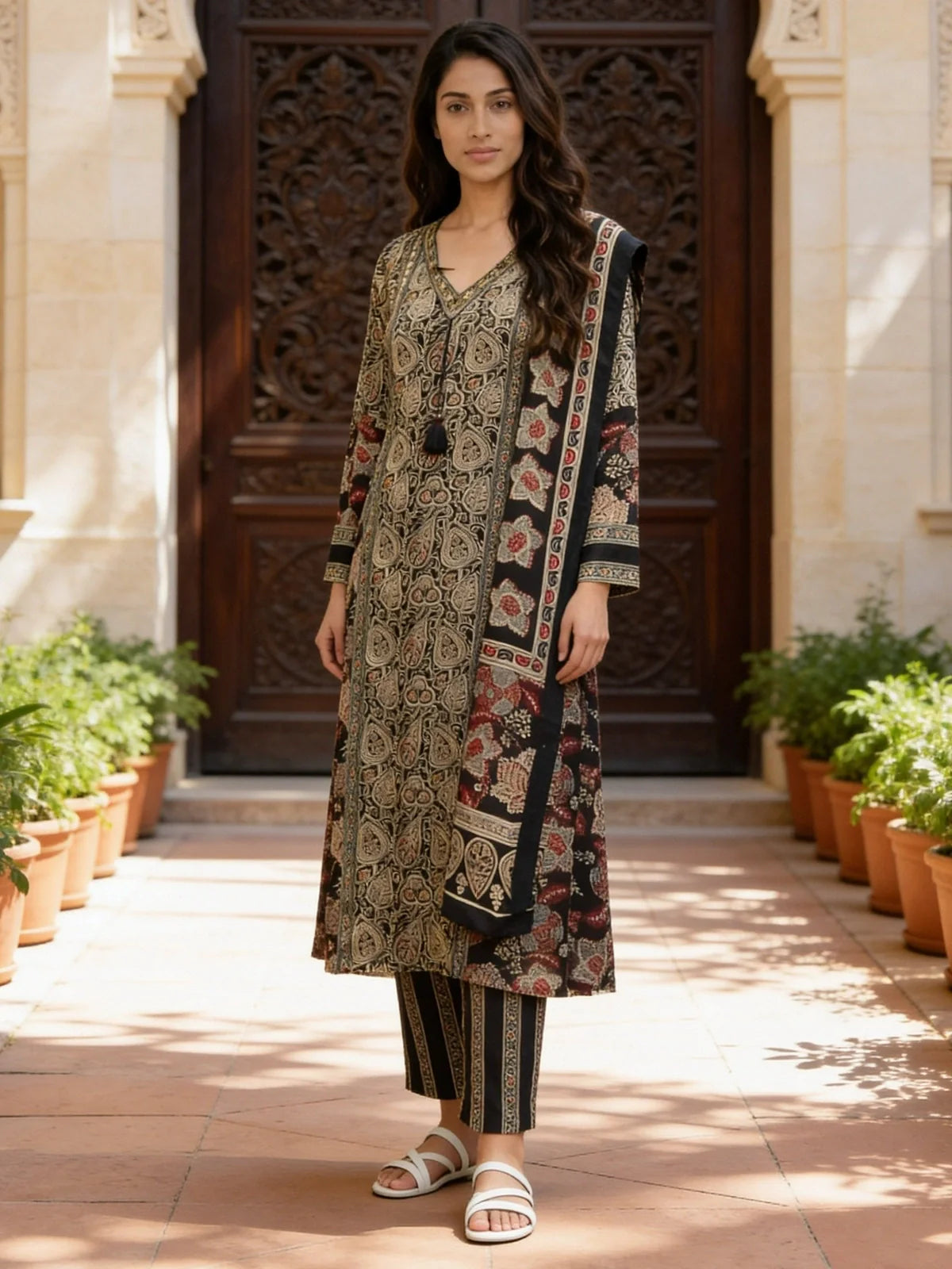 Buy Viscose Printed Anarkali Calf Length Kurta With Pant and Dupatta-Black