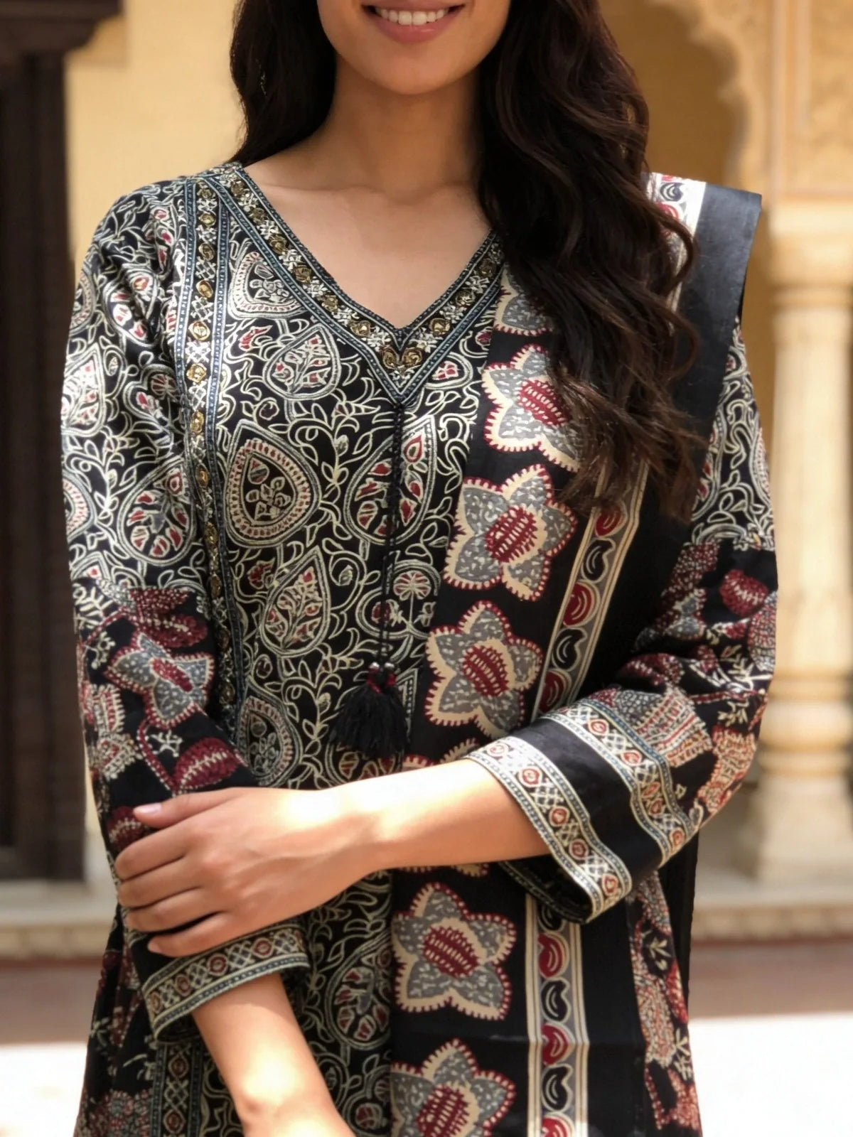 Buy Viscose Printed Anarkali Calf Length Kurta With Pant and Dupatta-Black