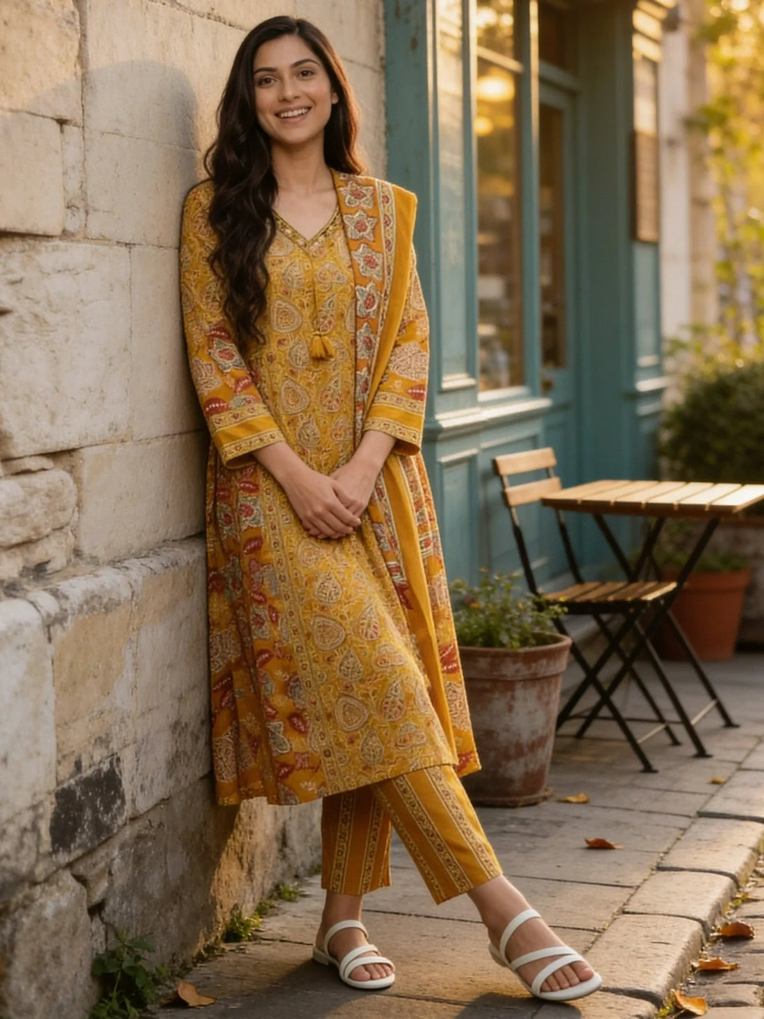 Buy Viscose Printed Anarkali Calf Length Kurta With Pant and Dupatta-Mustard