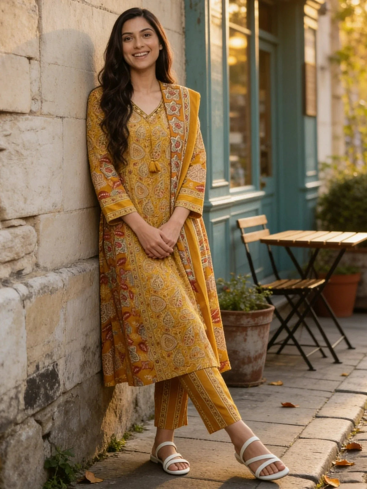 Buy Viscose Printed Anarkali Calf Length Kurta With Pant and Dupatta-Mustard