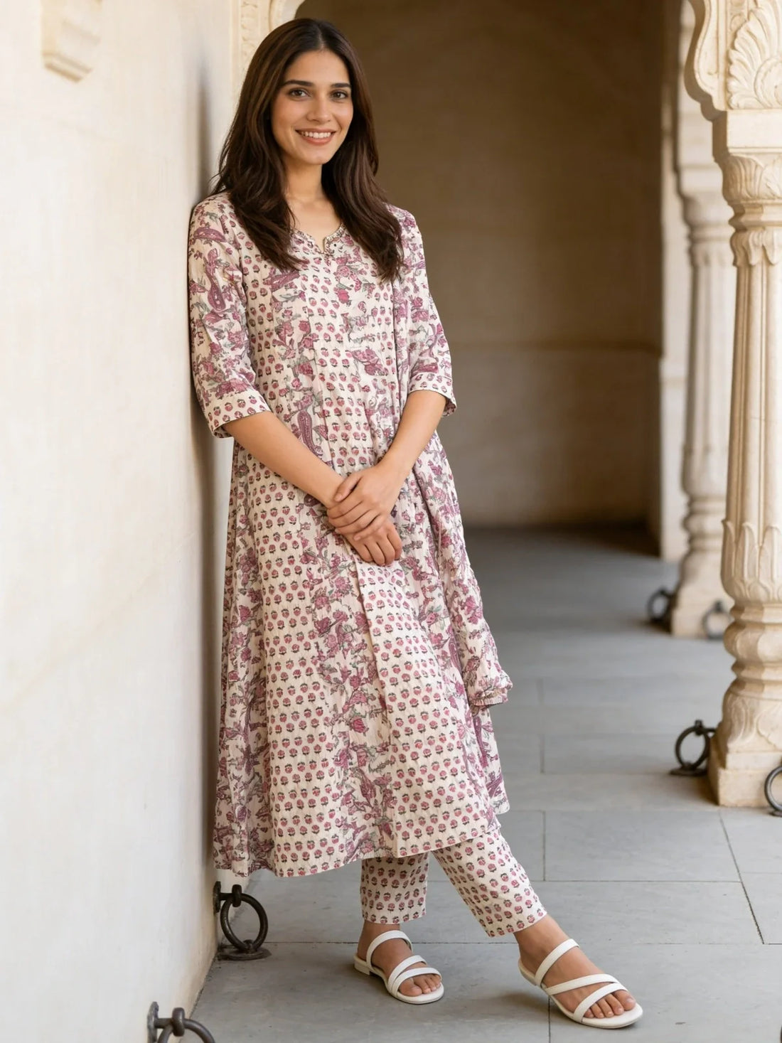 Buy Cotton Printed Anarkali Calf Length Kurta With Pant and Dupatta-White
