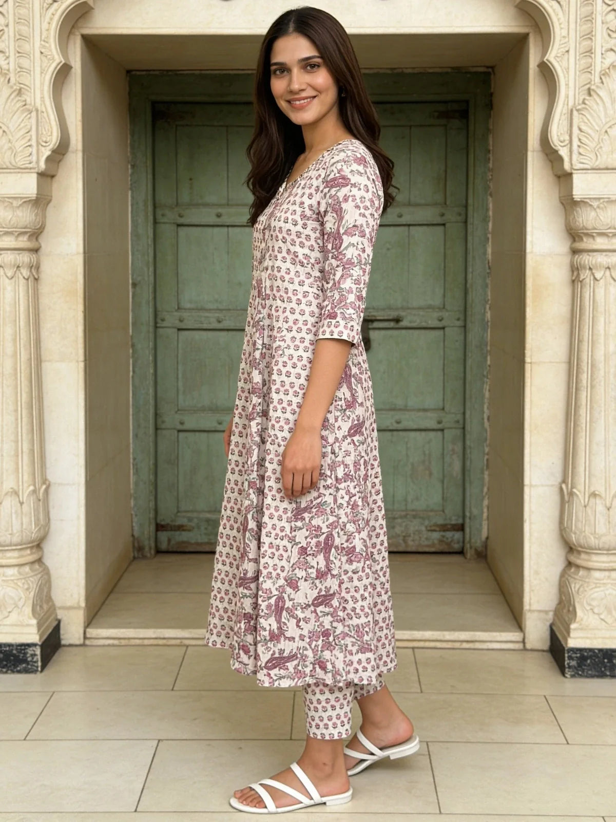 Buy Cotton Printed Anarkali Calf Length Kurta With Pant and Dupatta-White