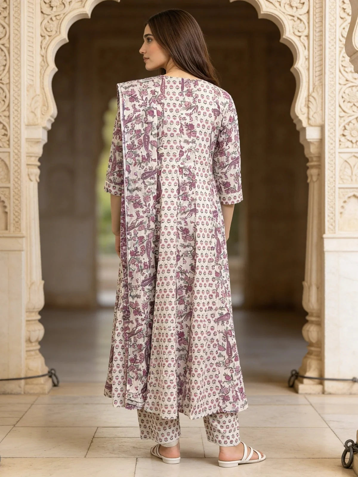 Buy Cotton Printed Anarkali Calf Length Kurta With Pant and Dupatta-White