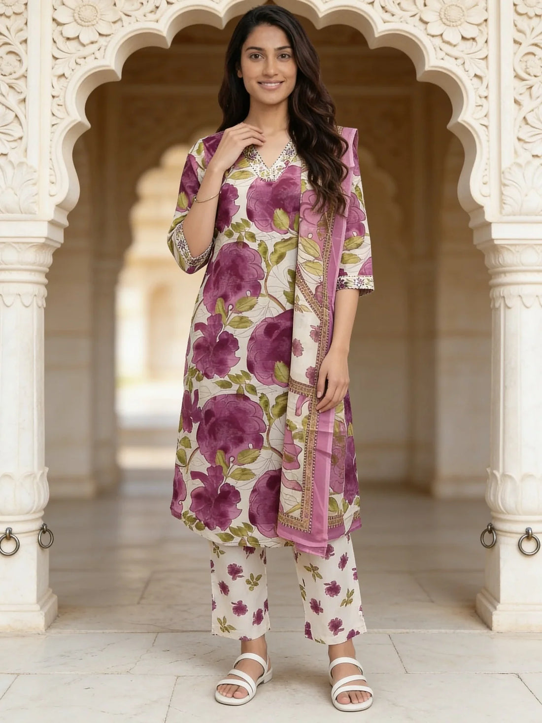 Buy Cotton Embroidered Straight Calf Length Kurta With Pant and Dupatta-Purple