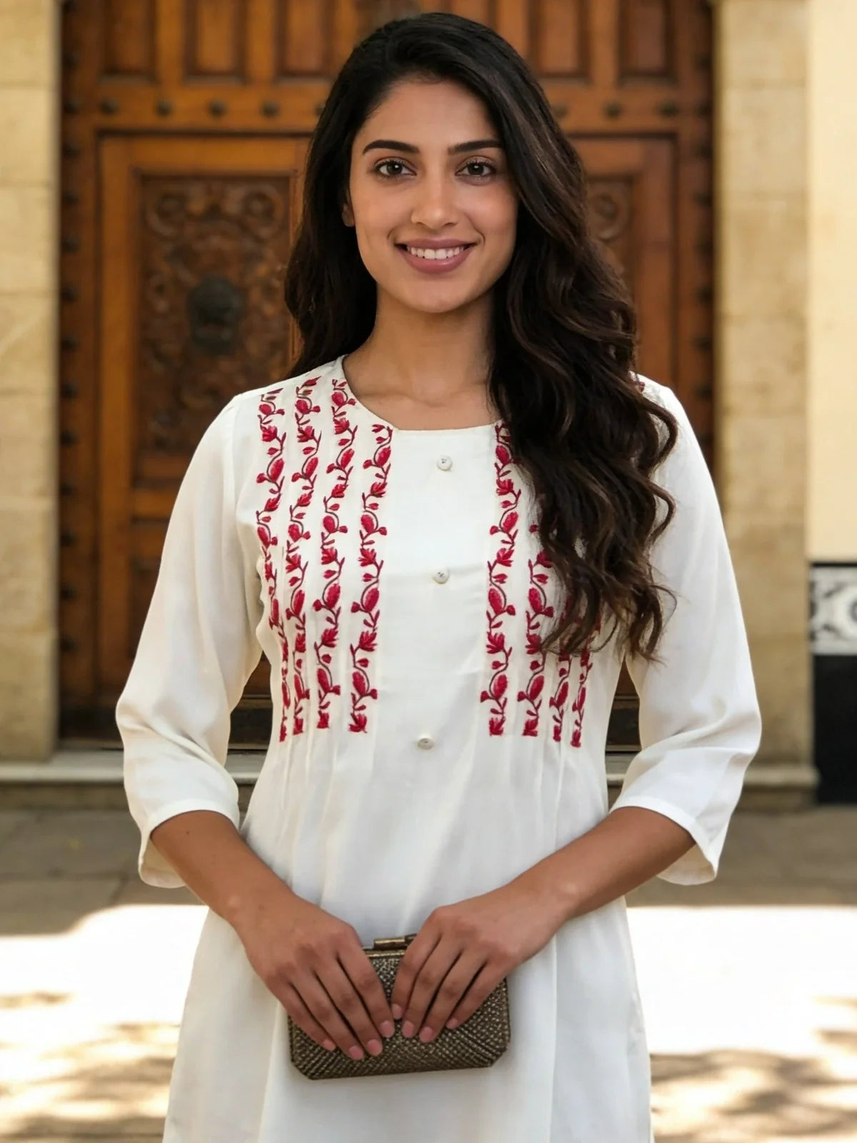 Buy Rayon Embroidered A-Line Short Length Short Kurta-White