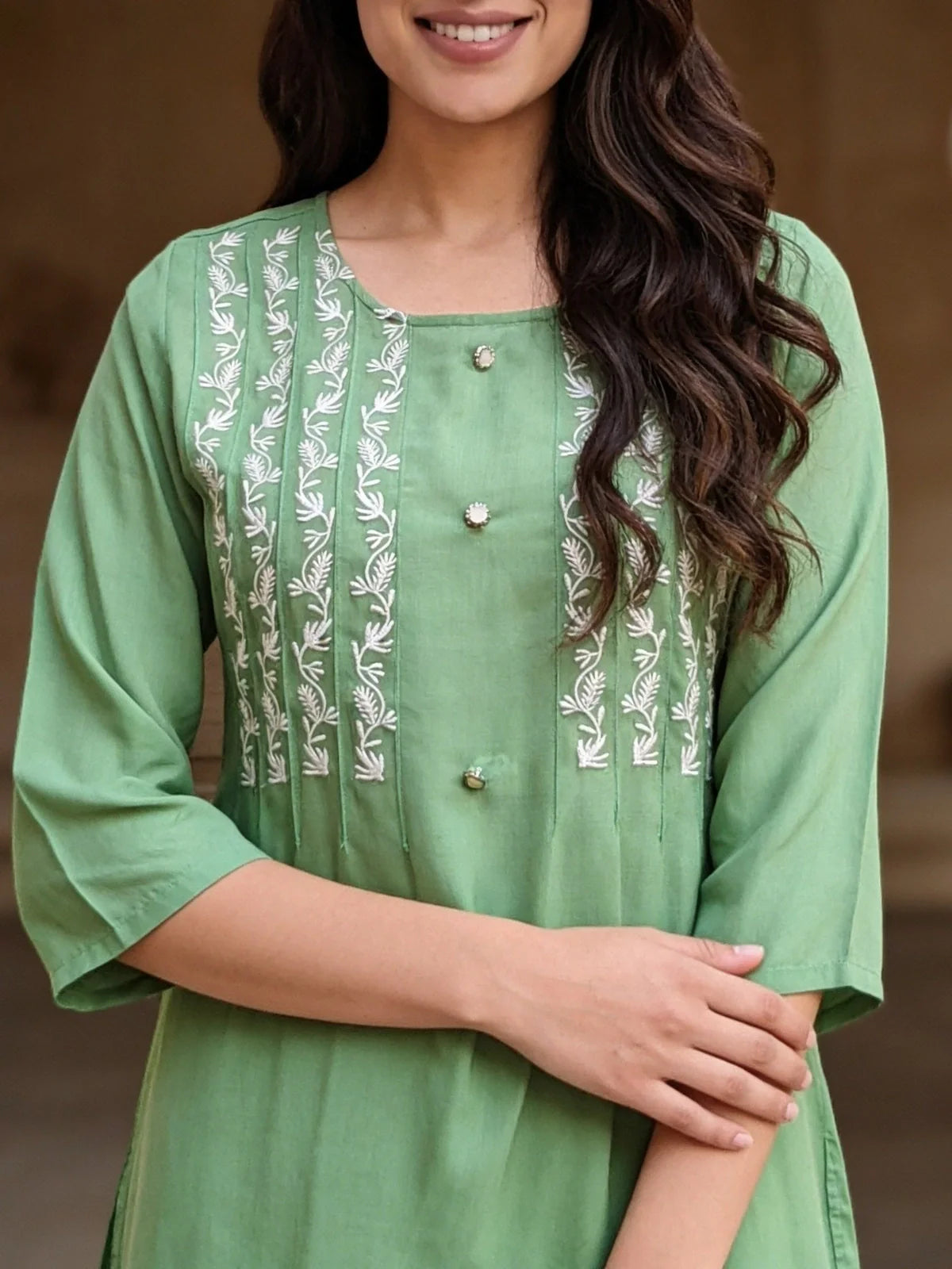 Buy Rayon Embroidered A-Line Short Length Short Kurta-Pistaa Green