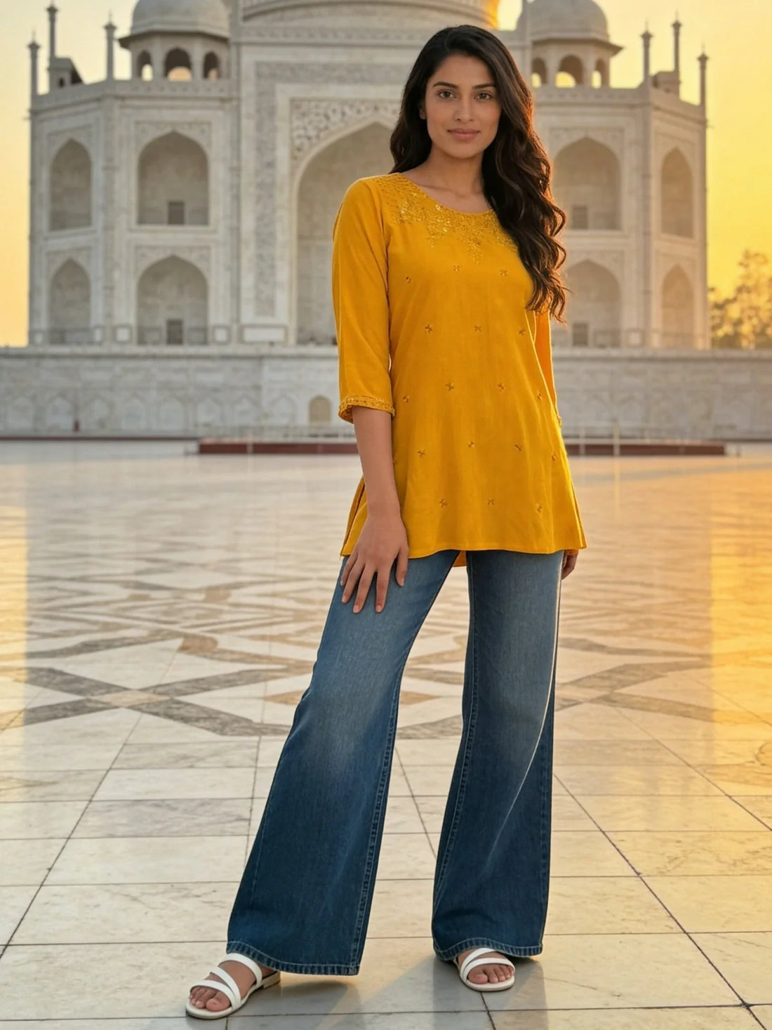 Buy Rayon Embroidered A-Line Short Length Short Kurta-Yellow