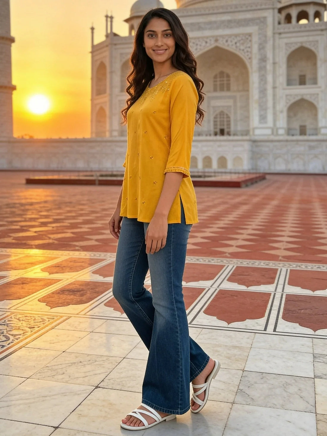 Buy Rayon Embroidered A-Line Short Length Short Kurta-Yellow