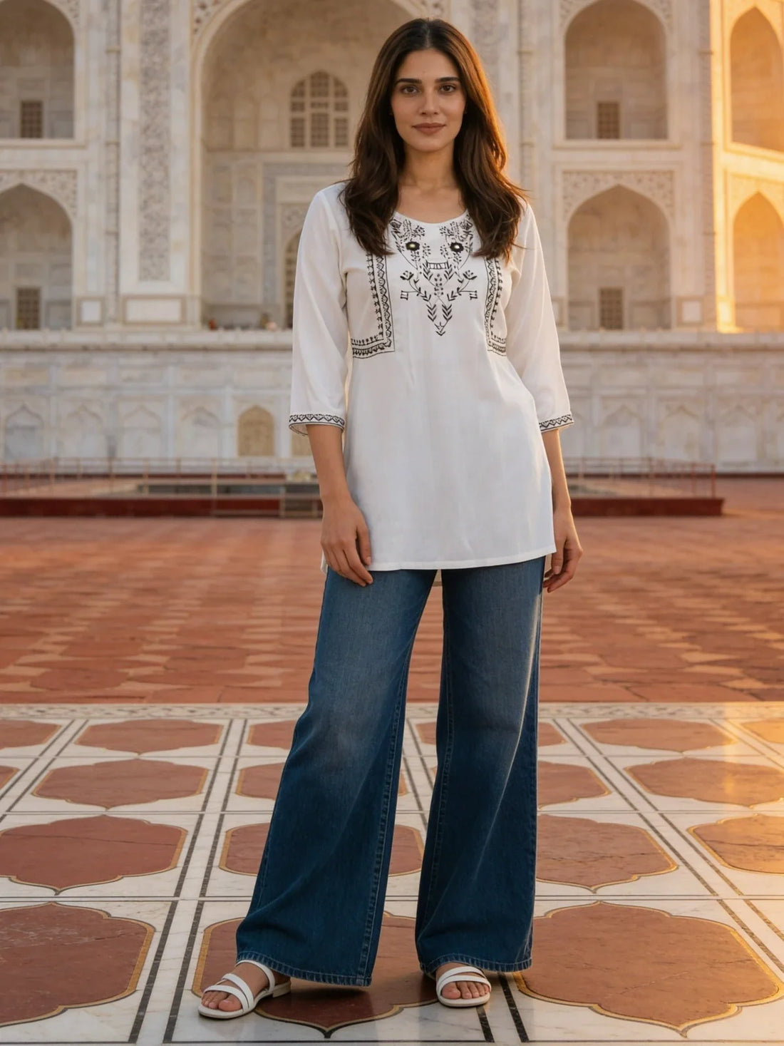 Buy Rayon Embroidered A-Line Short Length Short Kurta-White