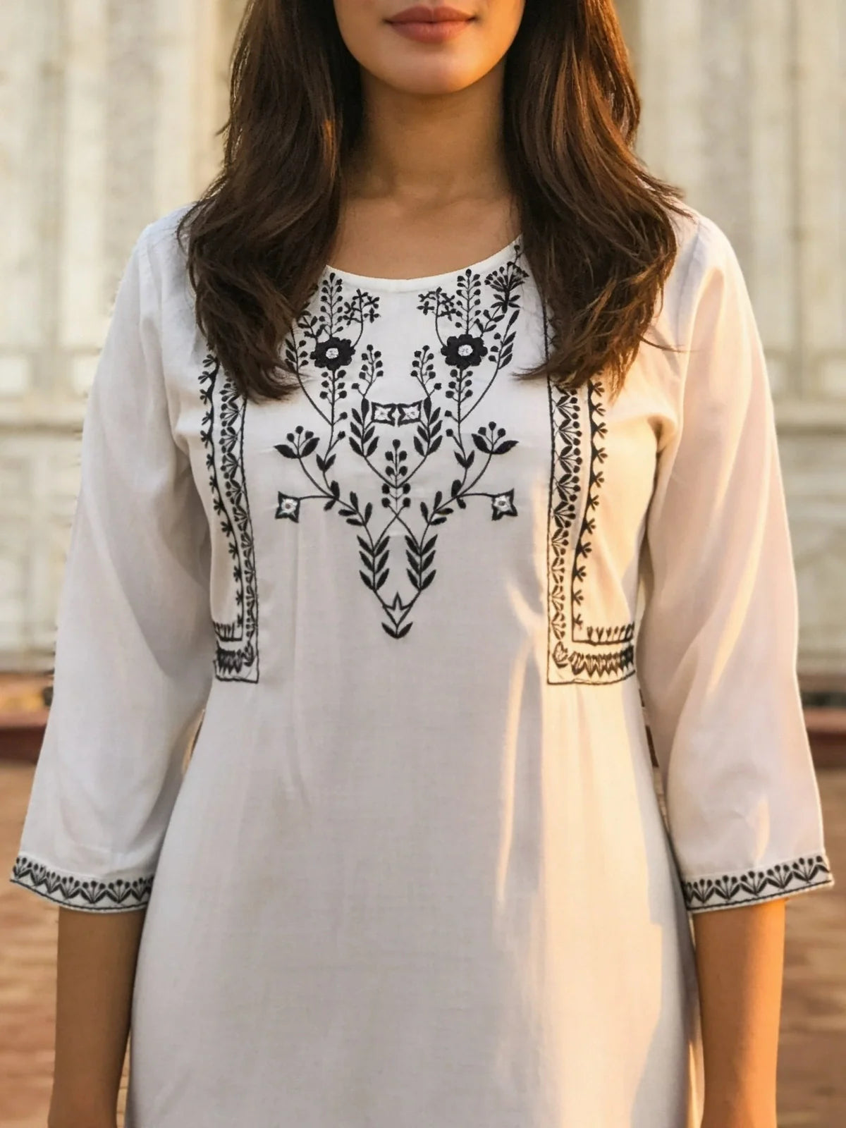 Buy Rayon Embroidered A-Line Short Length Short Kurta-White
