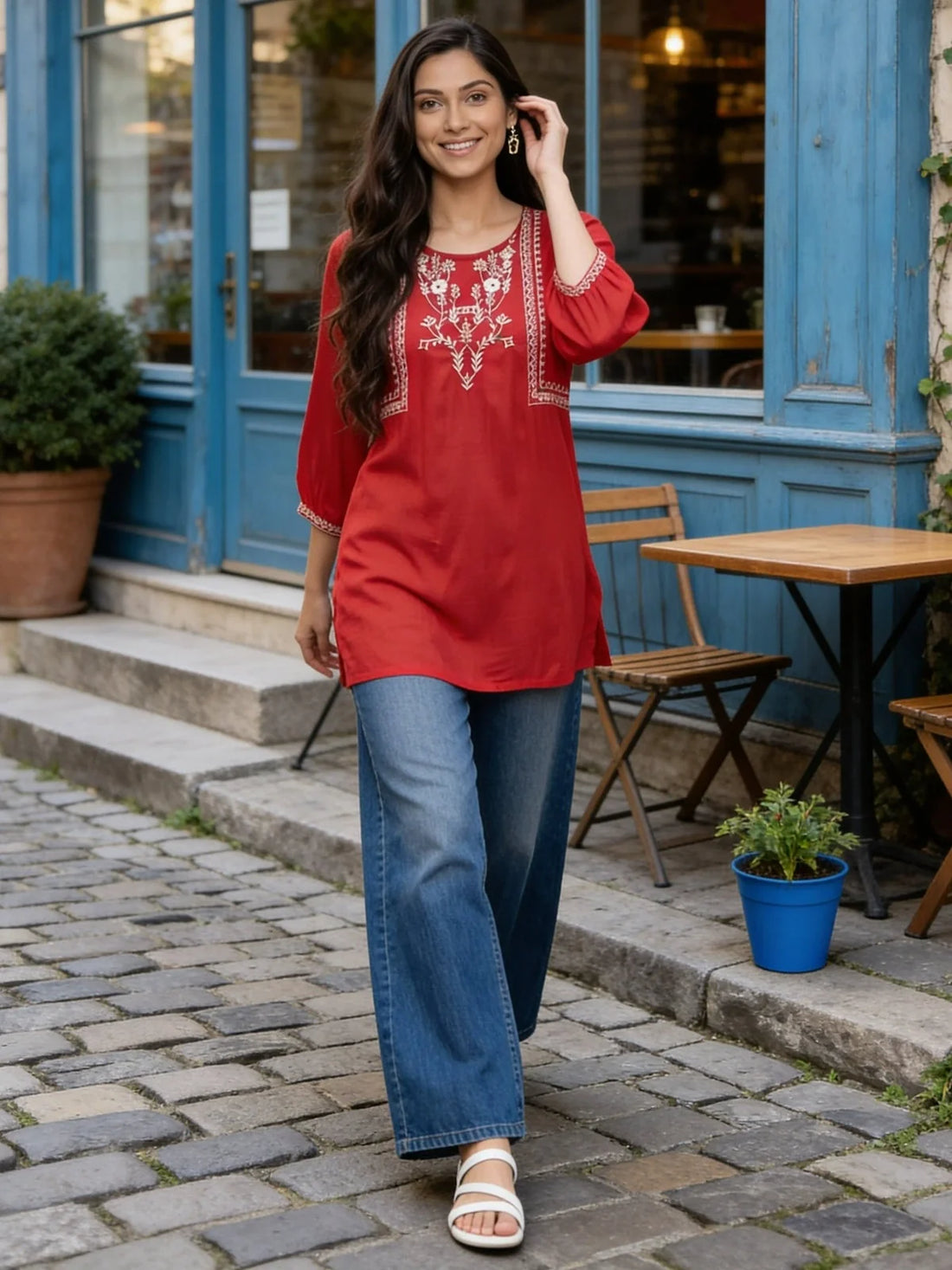 Buy Rayon Embroidered A-Line Short Length Short Kurta-Red