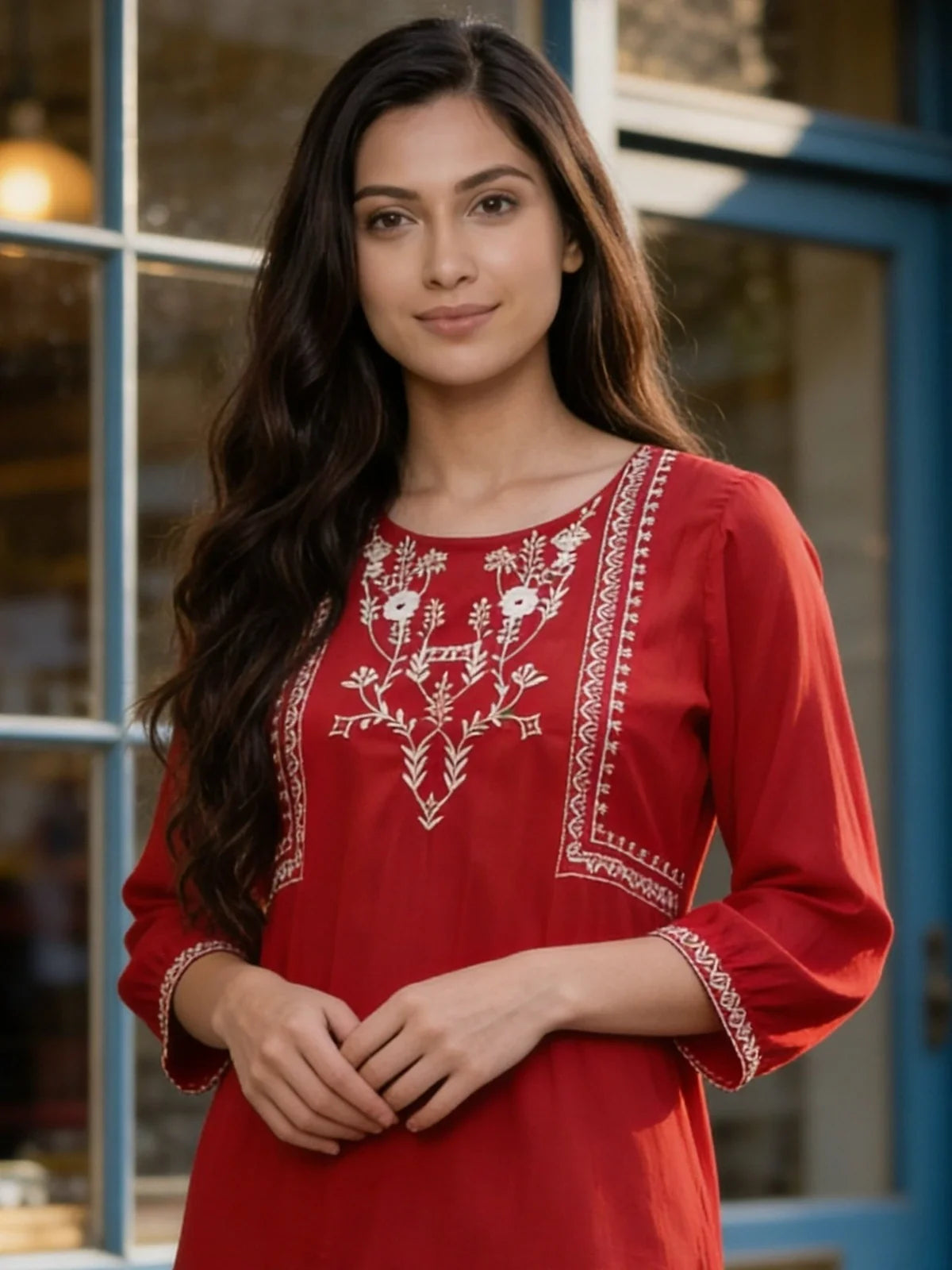 Buy Rayon Embroidered A-Line Short Length Short Kurta-Red