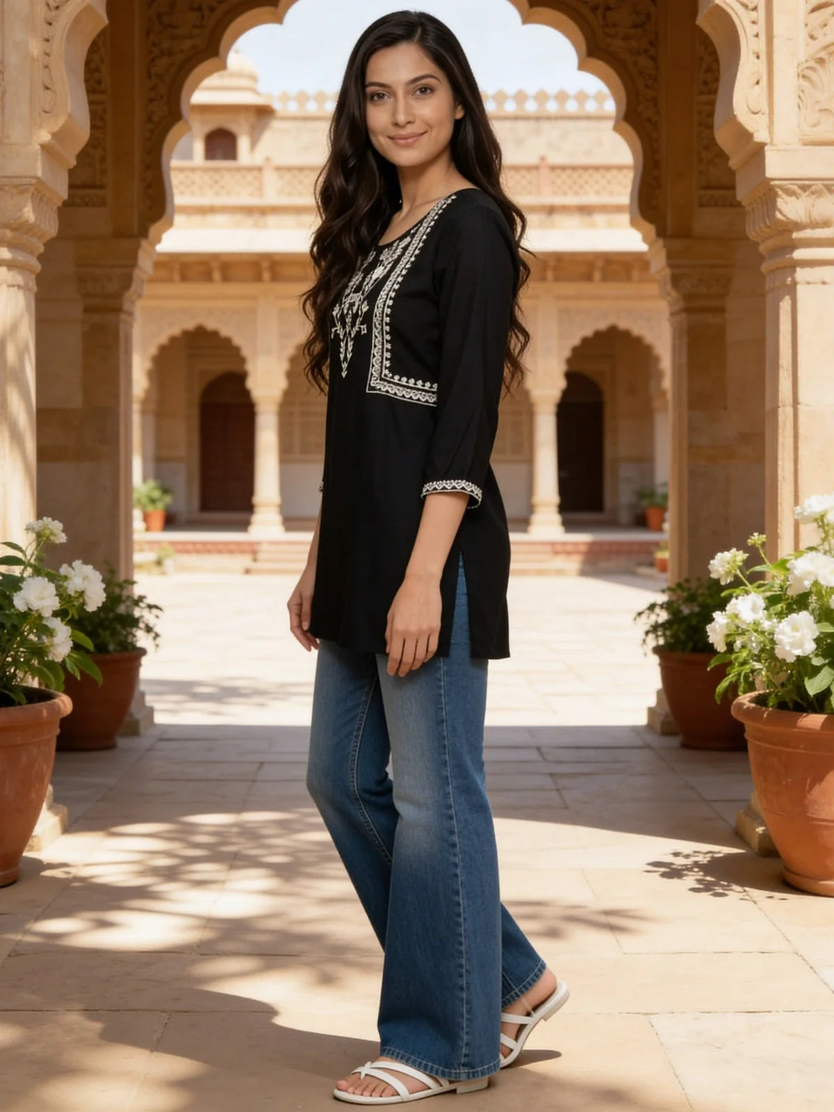 Buy Rayon Embroidered A-Line Short Length Short Kurta-Black
