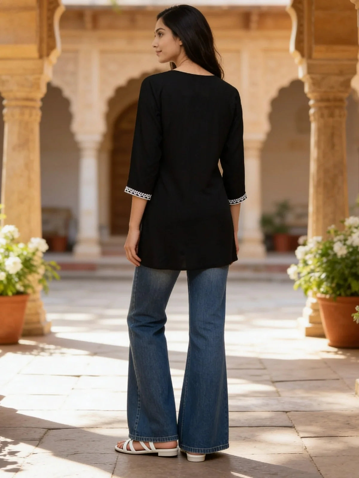 Buy Rayon Embroidered A-Line Short Length Short Kurta-Black