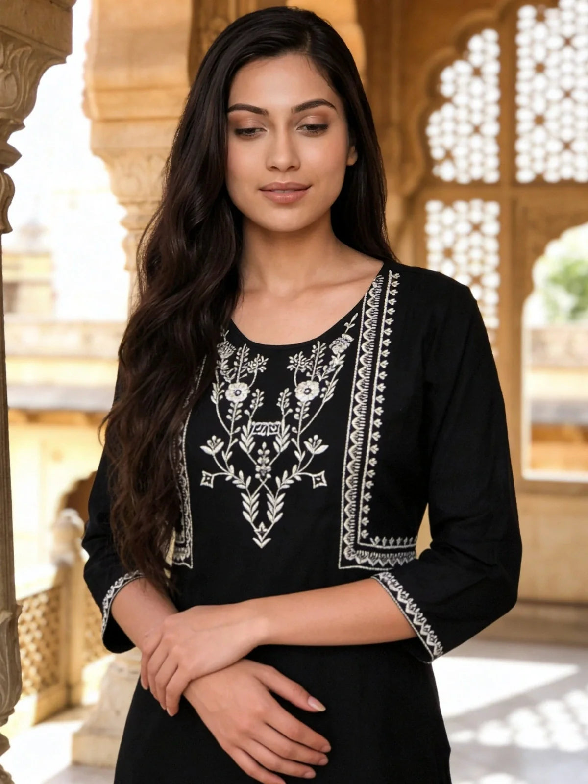 Buy Rayon Embroidered A-Line Short Length Short Kurta-Black