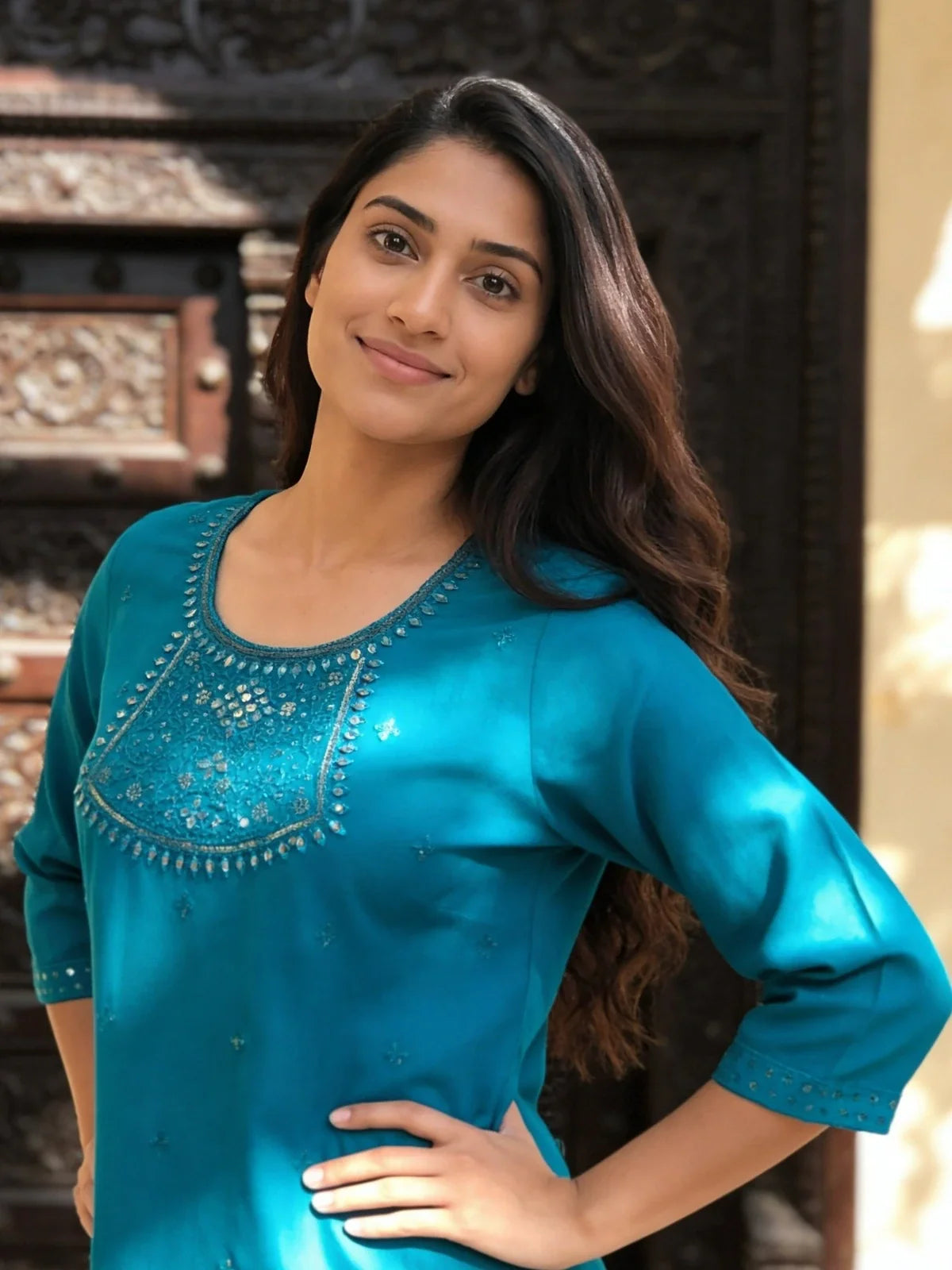 Buy Rayon Embroidered A-Line Short Length Short Kurta-Teal