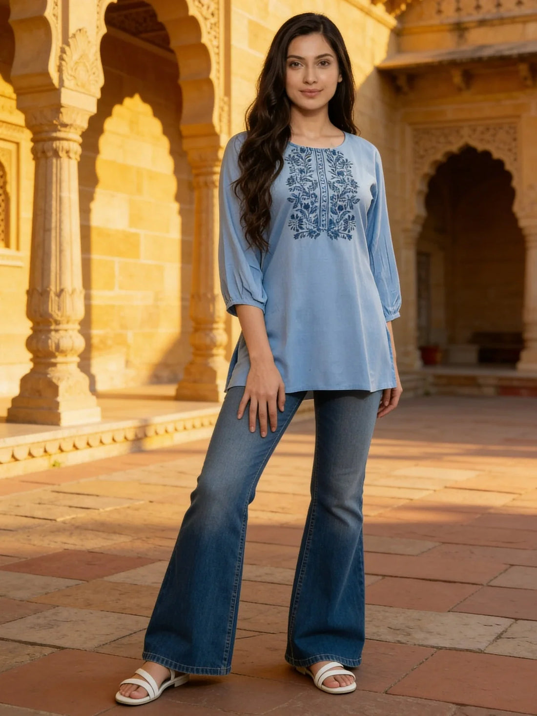 Buy Rayon Embroidered A-Line Short Length Short Kurta-Light Blue