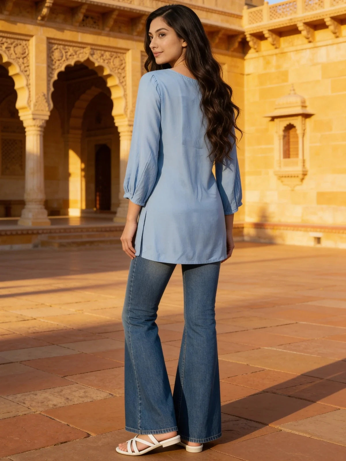 Buy Rayon Embroidered A-Line Short Length Short Kurta-Light Blue