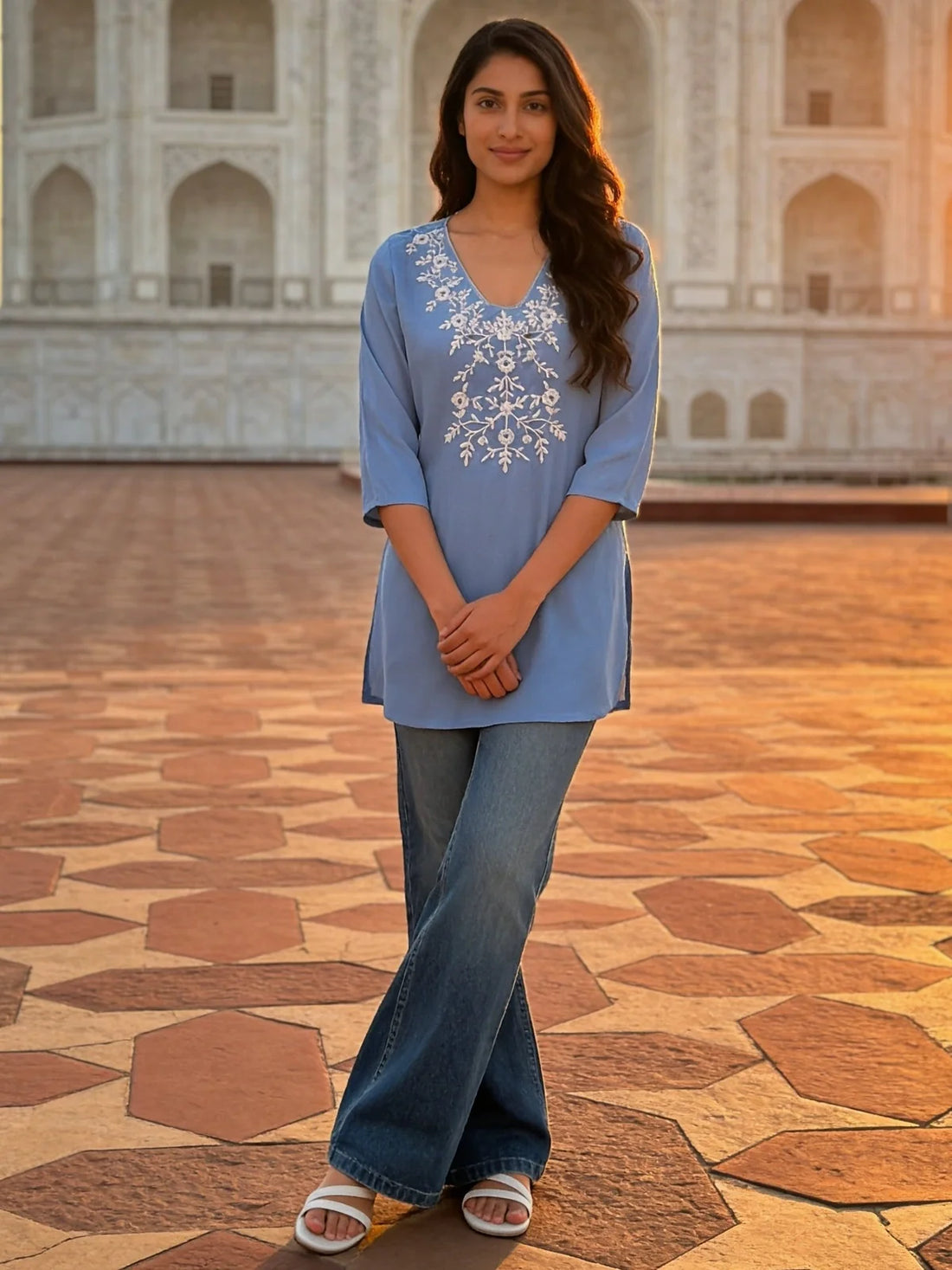 Buy Rayon Embroidered A-Line Short Length Short Kurta-Light Blue