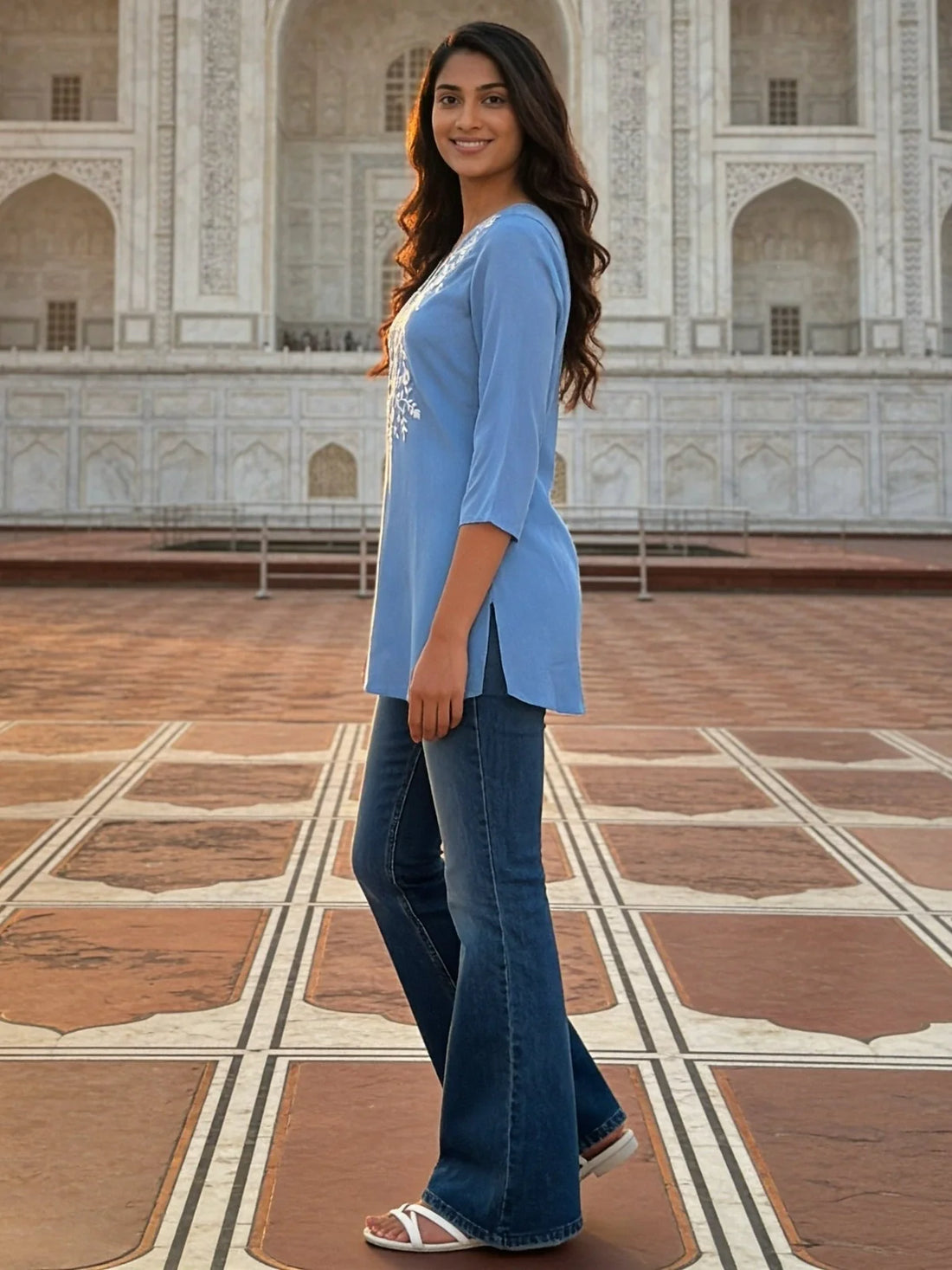 Buy Rayon Embroidered A-Line Short Length Short Kurta-Light Blue