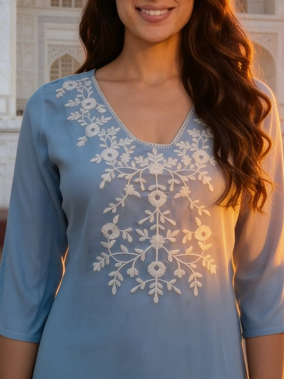 Buy Rayon Embroidered A-Line Short Length Short Kurta-Light Blue