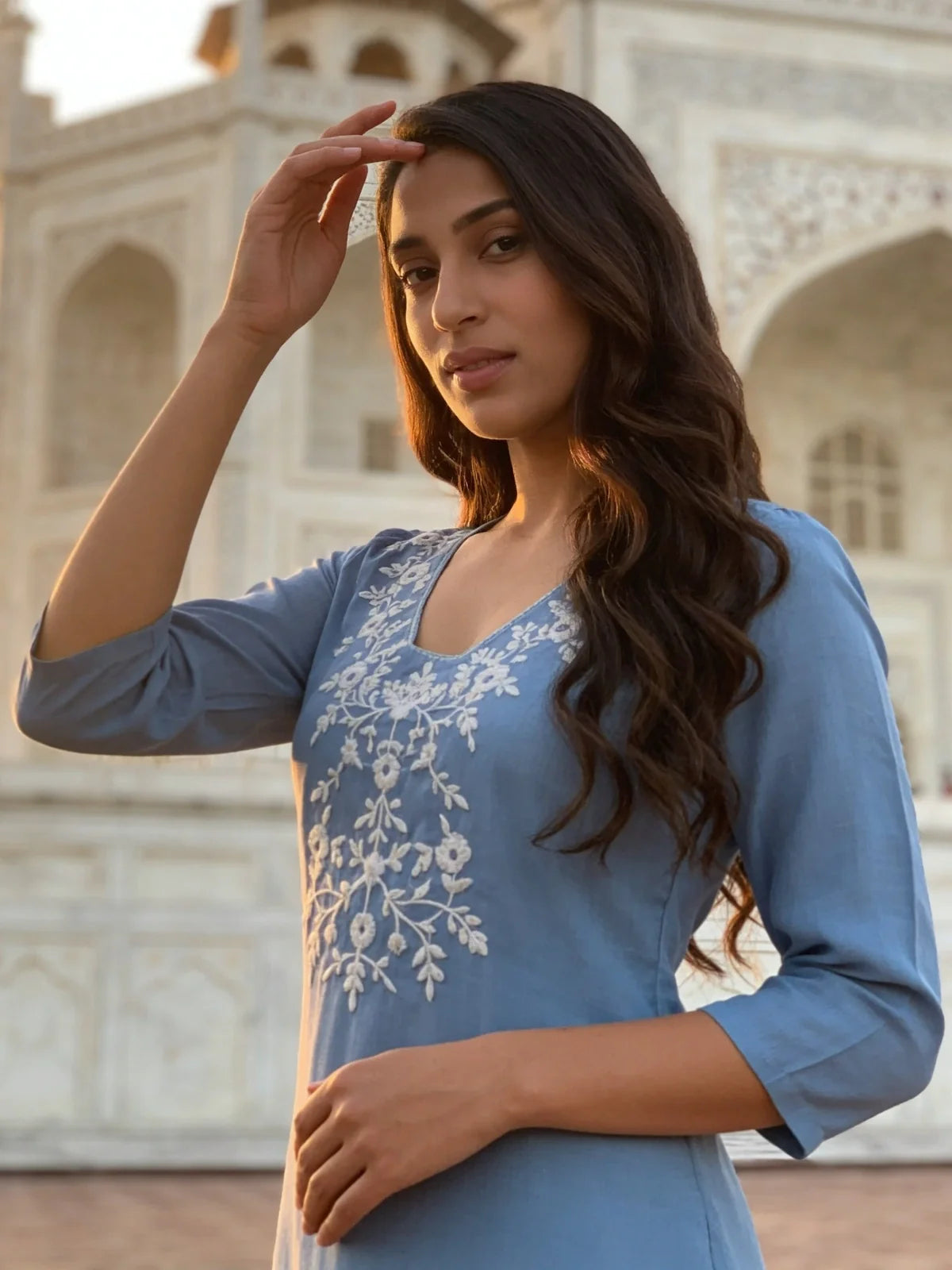 Buy Rayon Embroidered A-Line Short Length Short Kurta-Light Blue