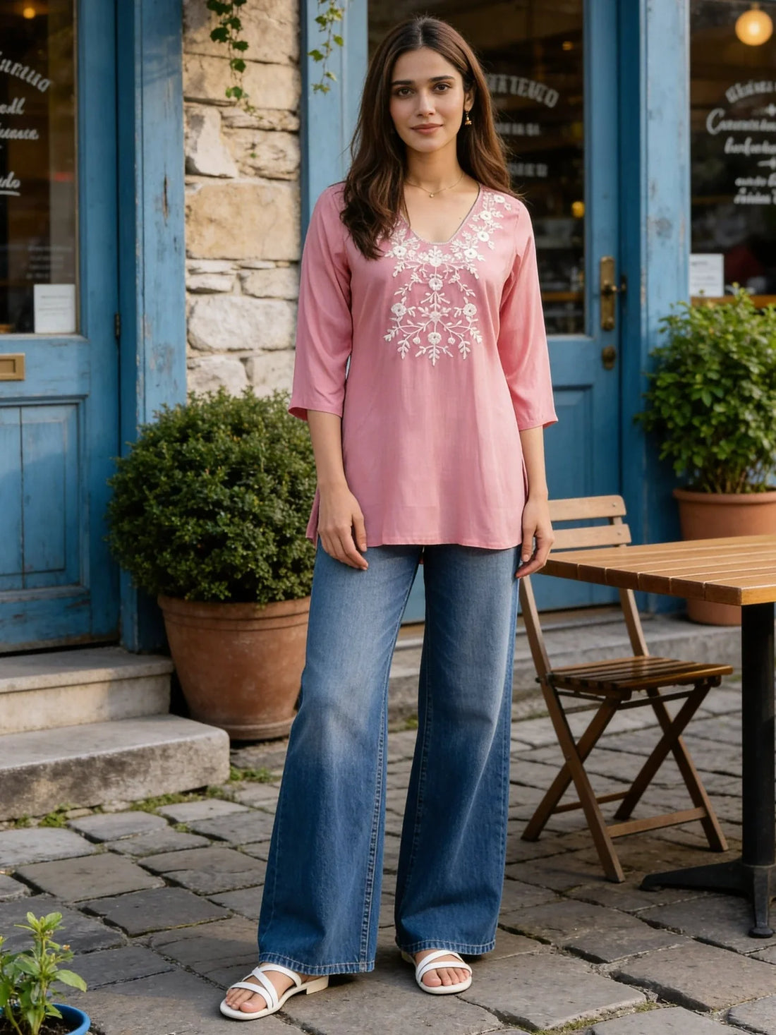 Buy Rayon Embroidered A-Line Short Length Short Kurta-Pink