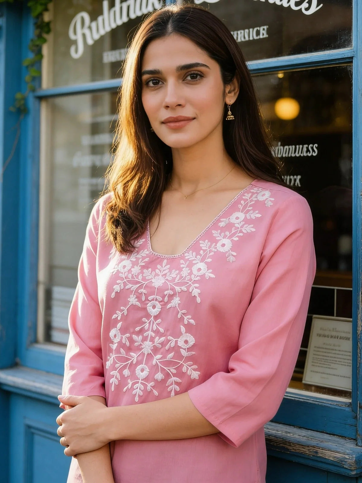 Buy Rayon Embroidered A-Line Short Length Short Kurta-Pink