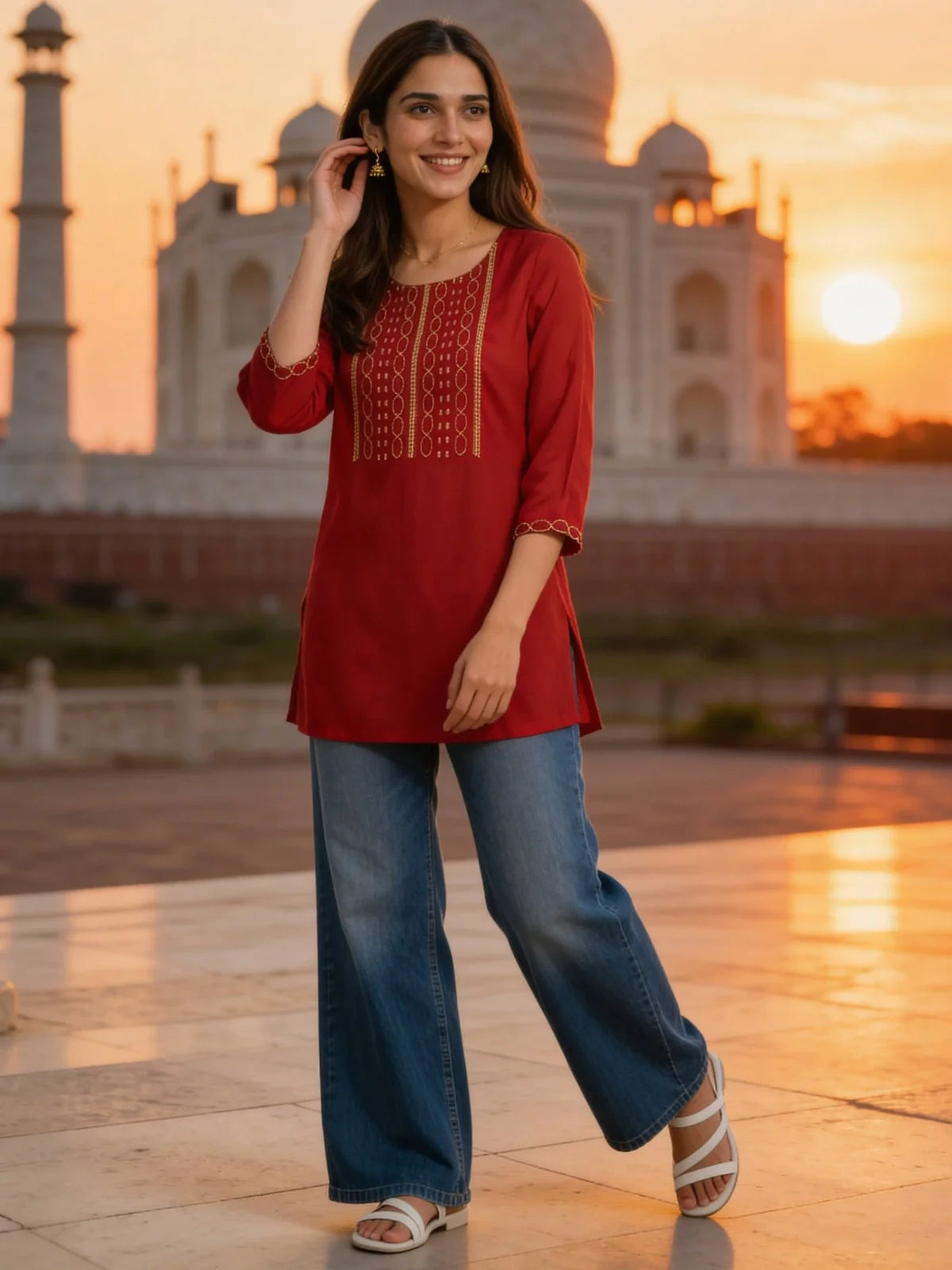 Buy Rayon Embroidered A-Line Short Length Short Kurta-Maroon