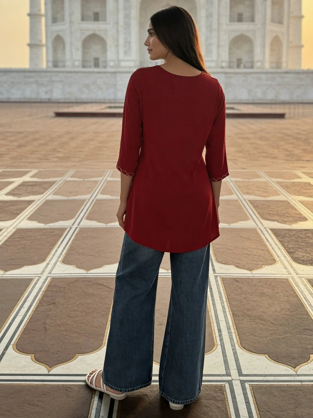 Buy Rayon Embroidered A-Line Short Length Short Kurta-Maroon