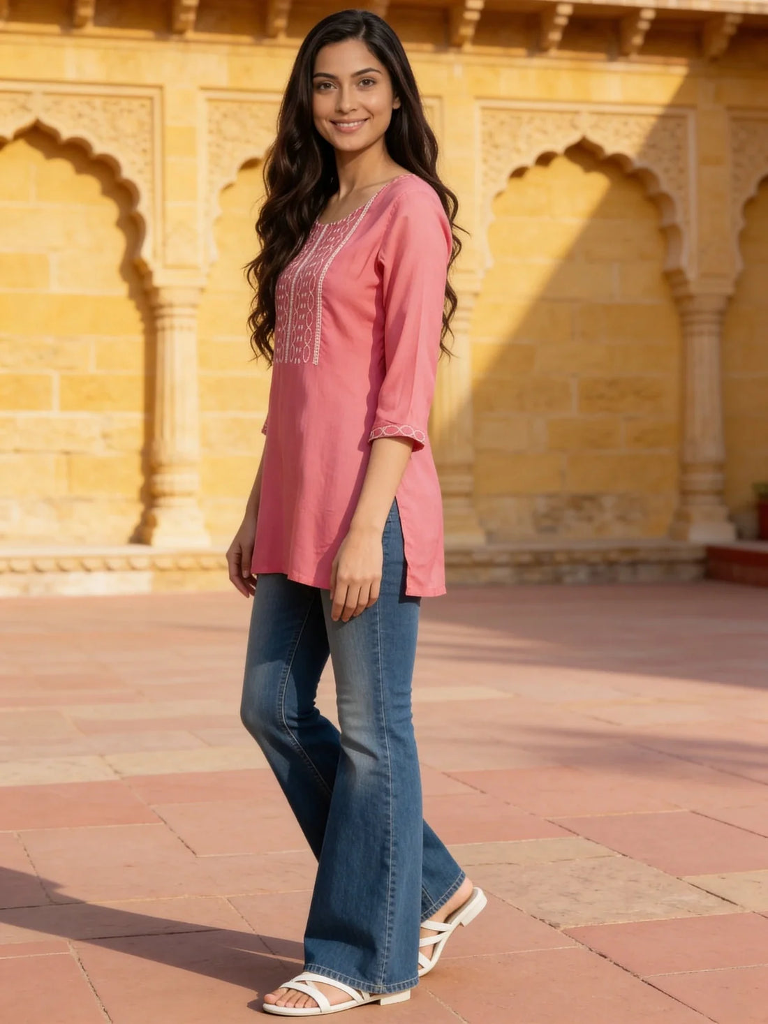 Buy Rayon Embroidered A-Line Short Length Short Kurta-Pink