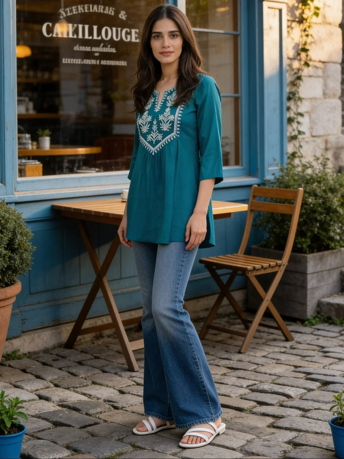 Buy Rayon Embroidered A-Line Short Length Short Kurta-Turquoise