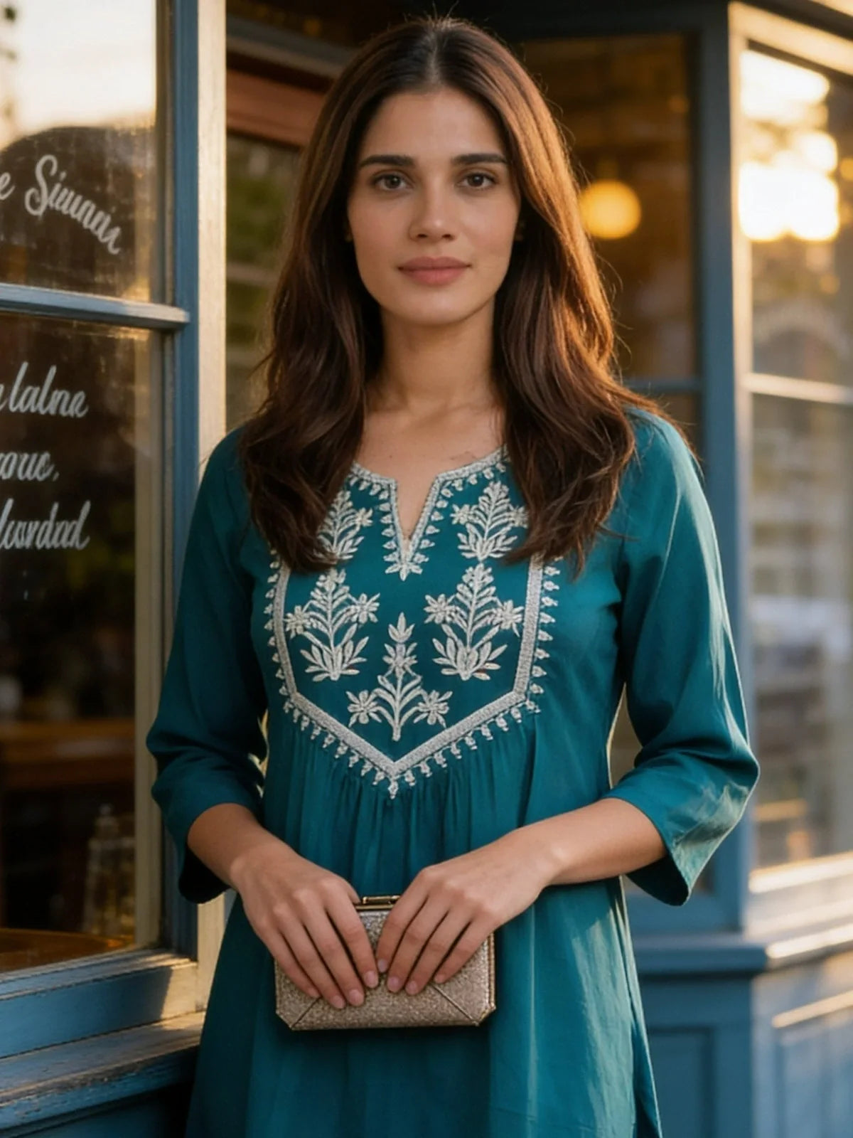 Buy Rayon Embroidered A-Line Short Length Short Kurta-Turquoise